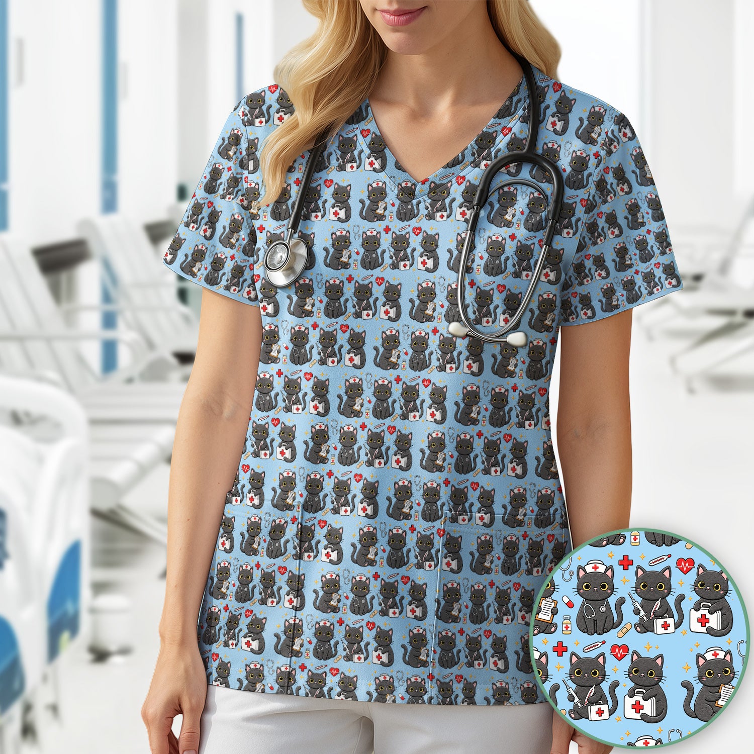Black Cat Nurse Medical Icons Scrub Top, Comfortable Scrubs for Nurses