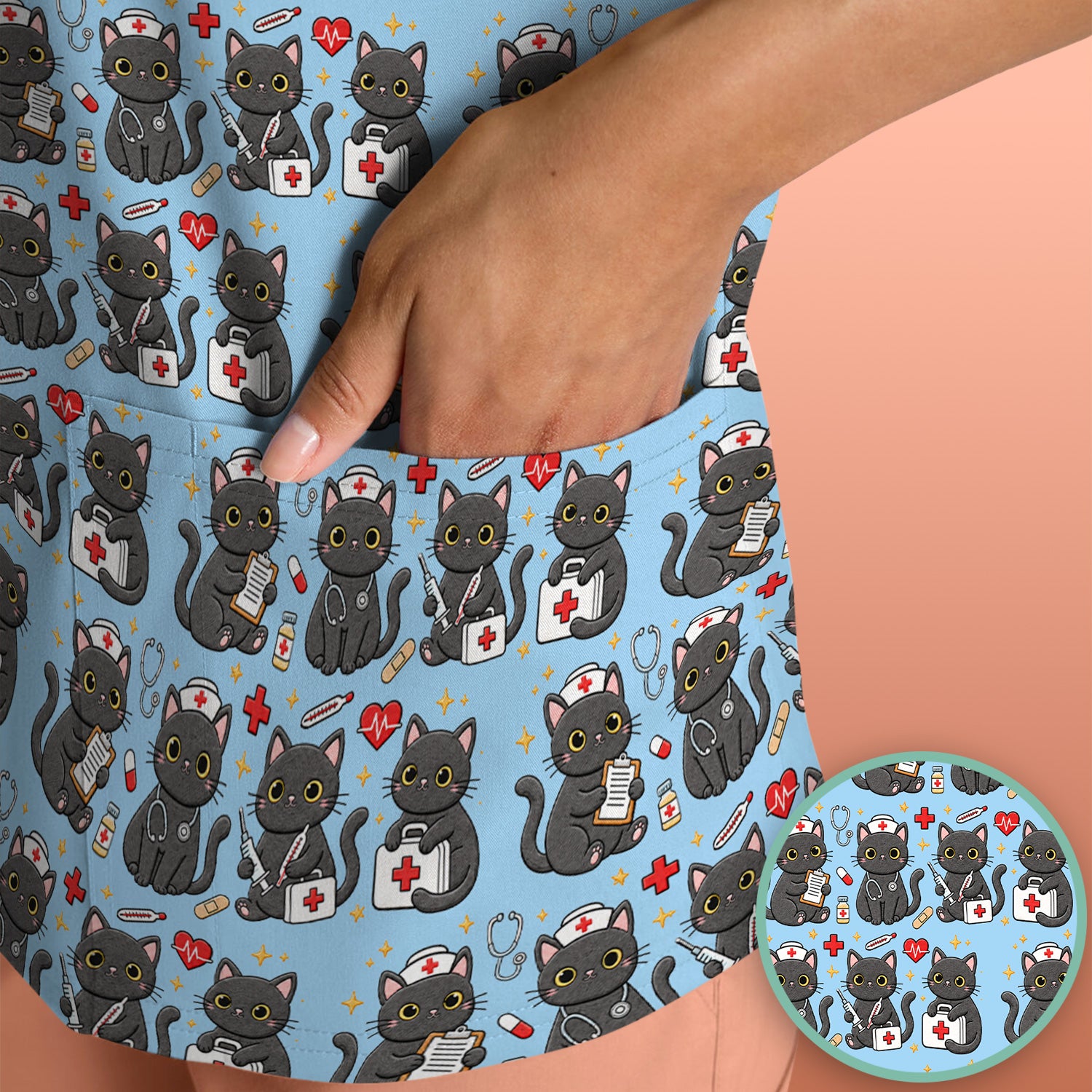 Black Cat Nurse Medical Icons Scrub Top, Comfortable Scrubs for Nurses