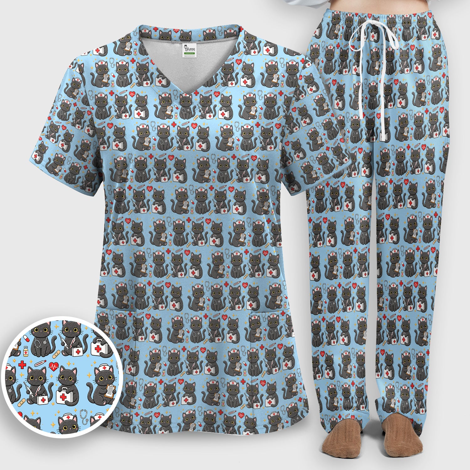 Black Cat Nurse Medical Icons Scrub Set, Scrub Pants and V Neck Top