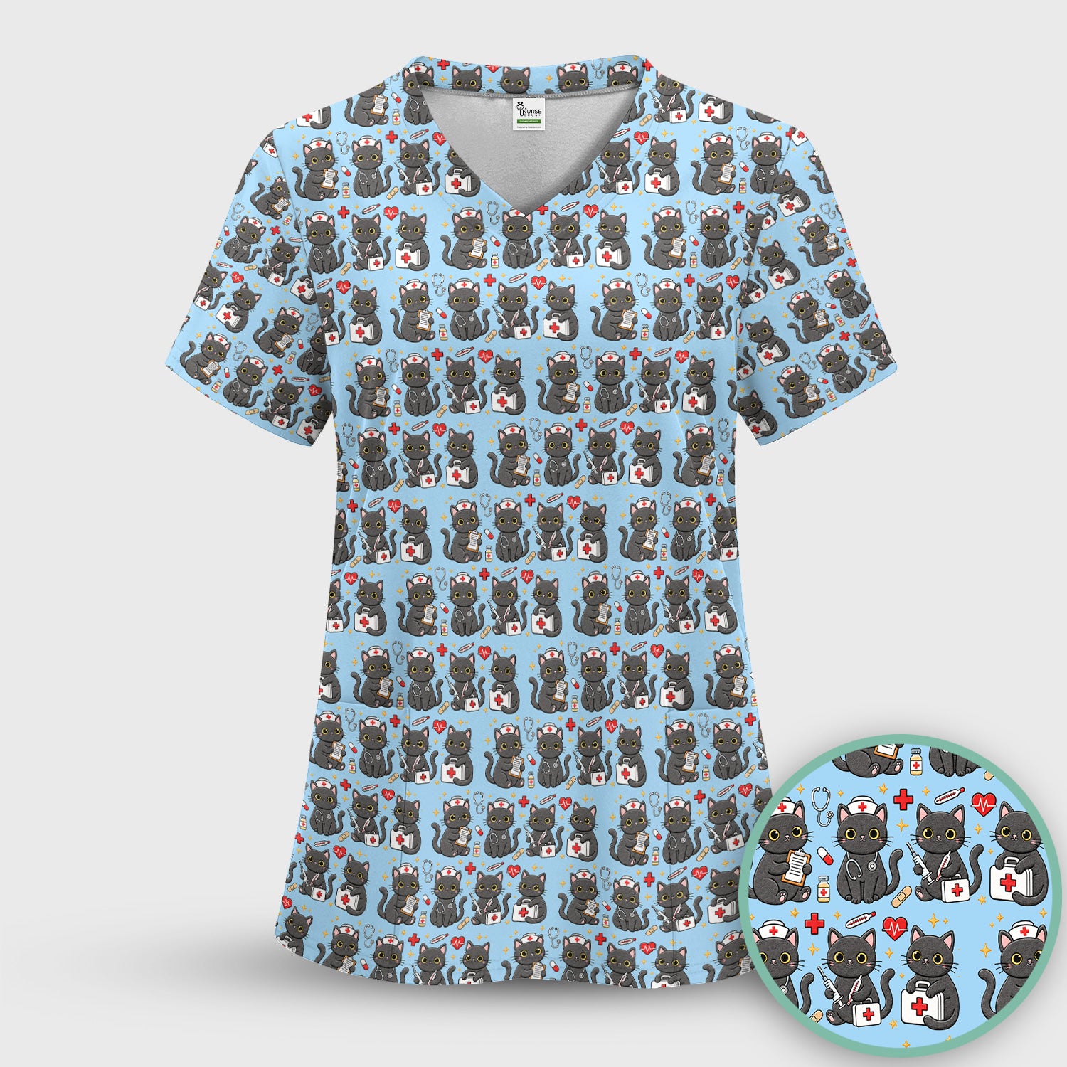 Black Cat Nurse Medical Icons Scrub Set, Scrub Pants and V Neck Top