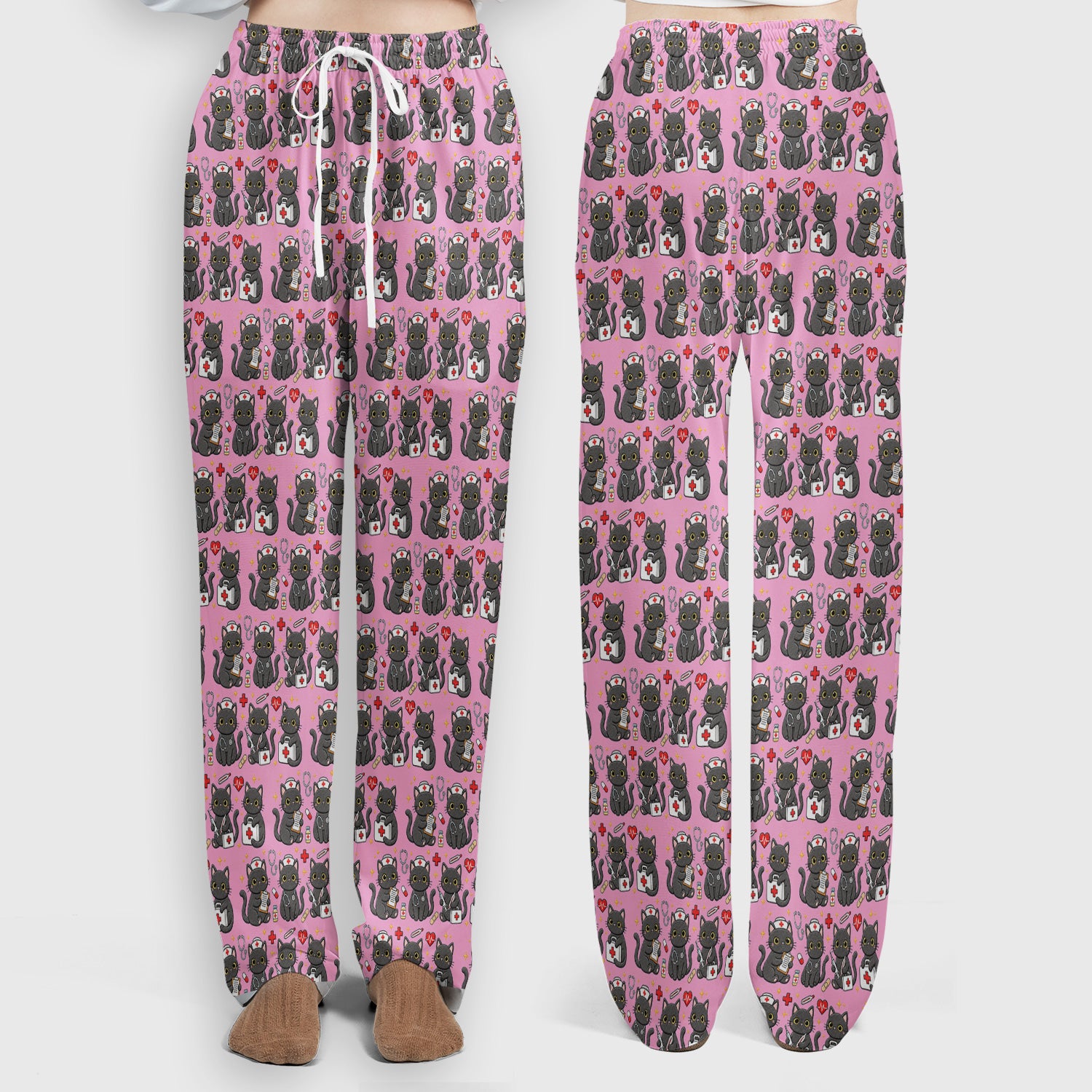 Black Cat Nurse Medical Icons Scrub Set, Scrub Pants and V Neck Top