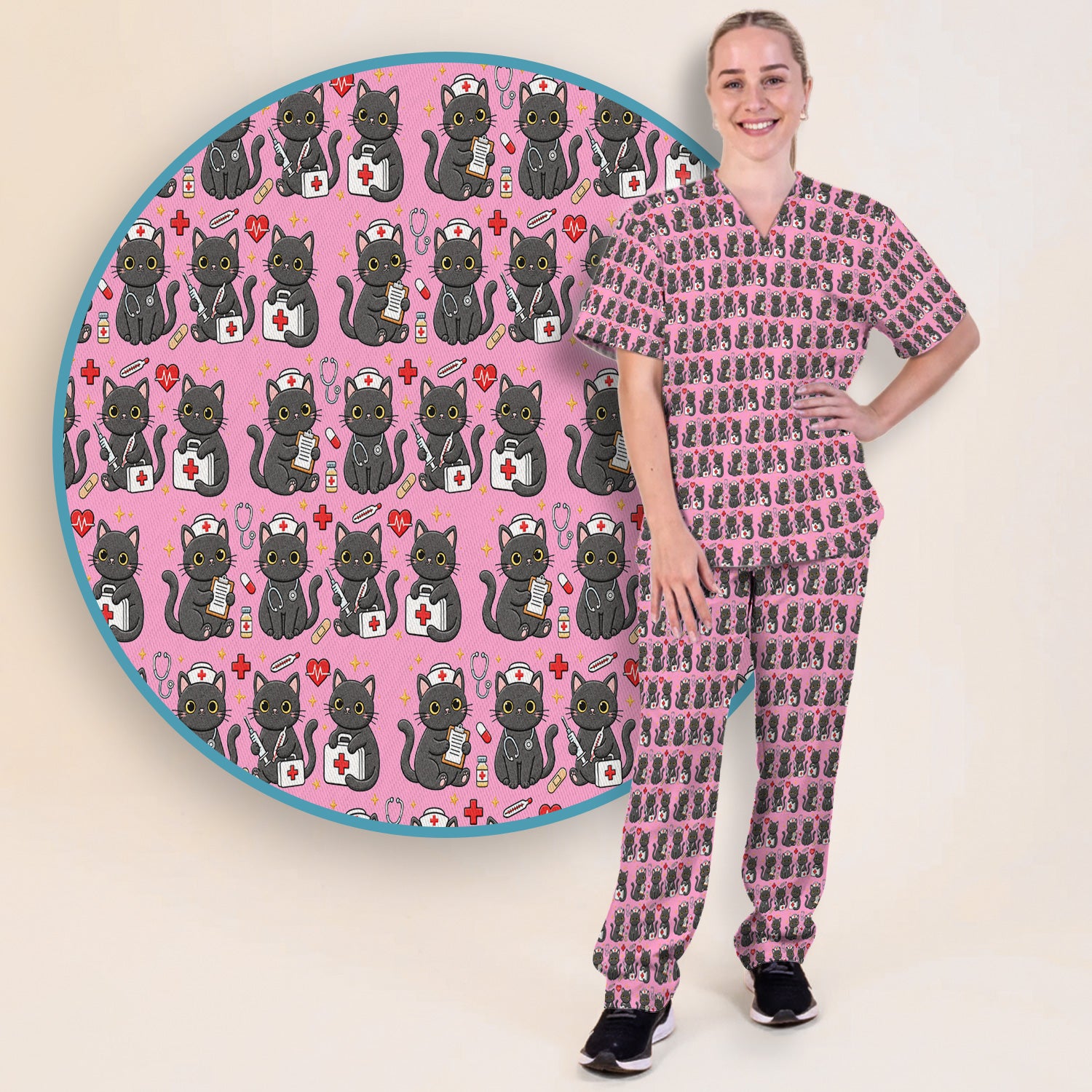 Black Cat Nurse Medical Icons Scrub Set, Scrub Pants and V Neck Top