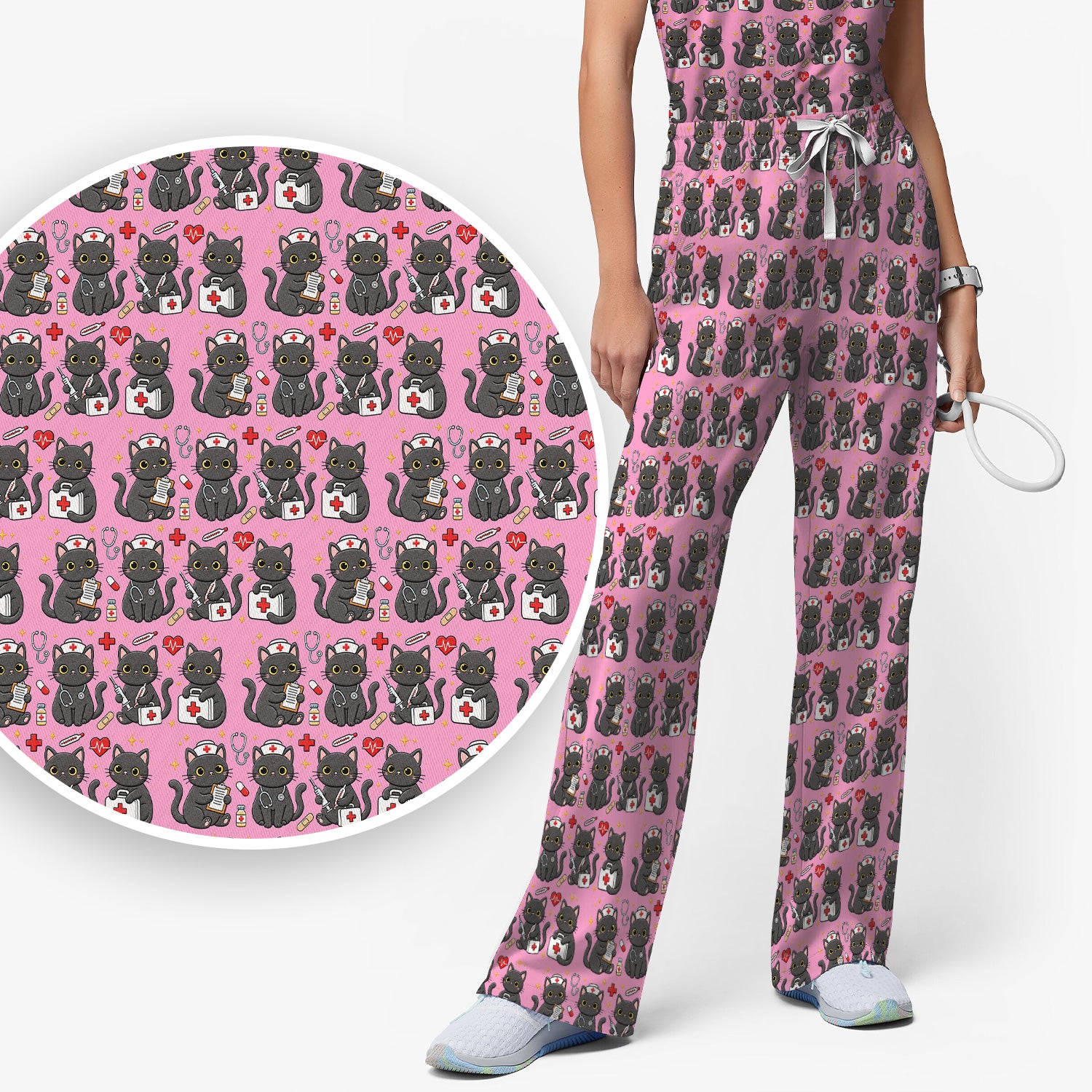 Black Cat Nurse Medical Icons Scrub Set, Scrub Pants and V Neck Top