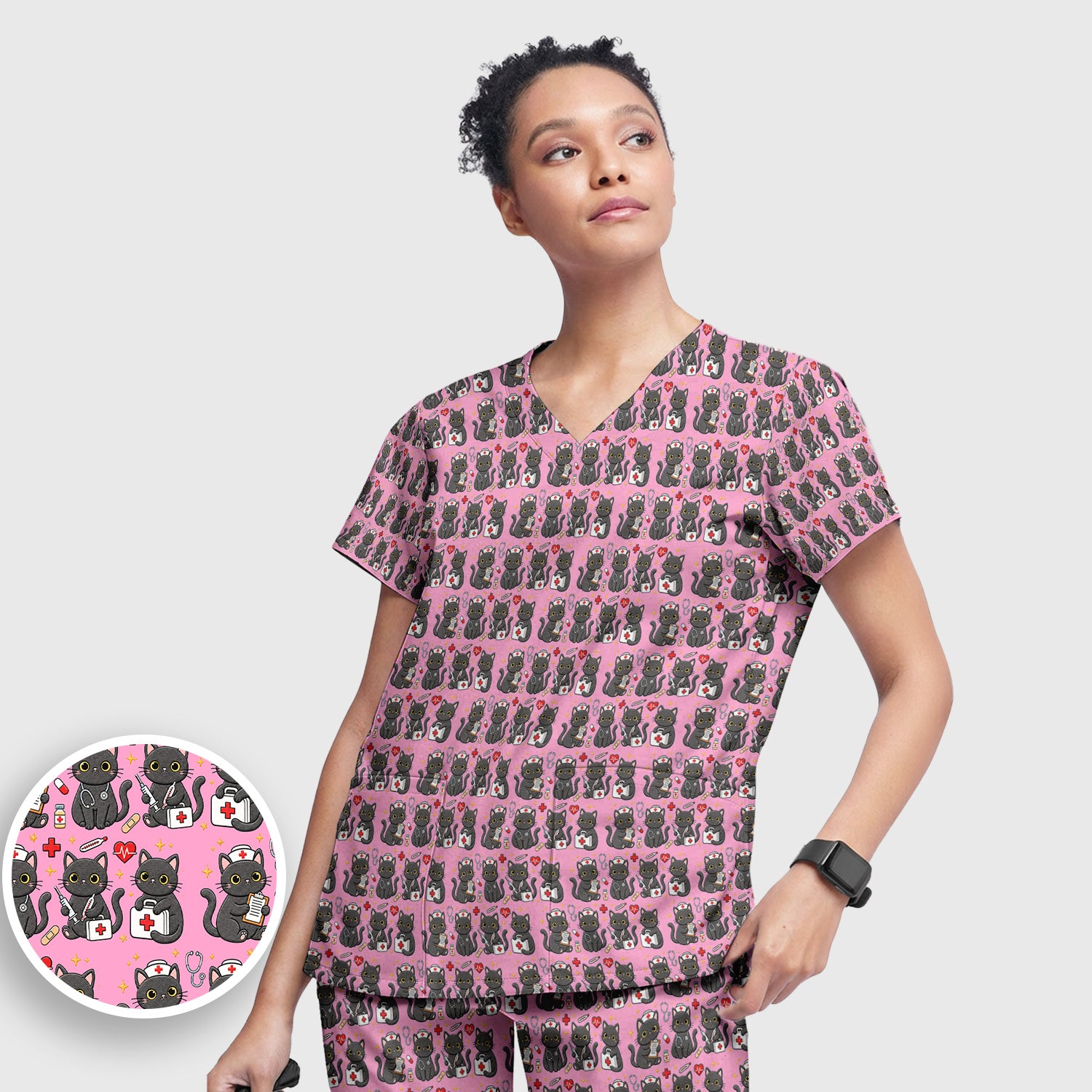 Black Cat Nurse Medical Icons Scrub Set, Scrub Pants and V Neck Top
