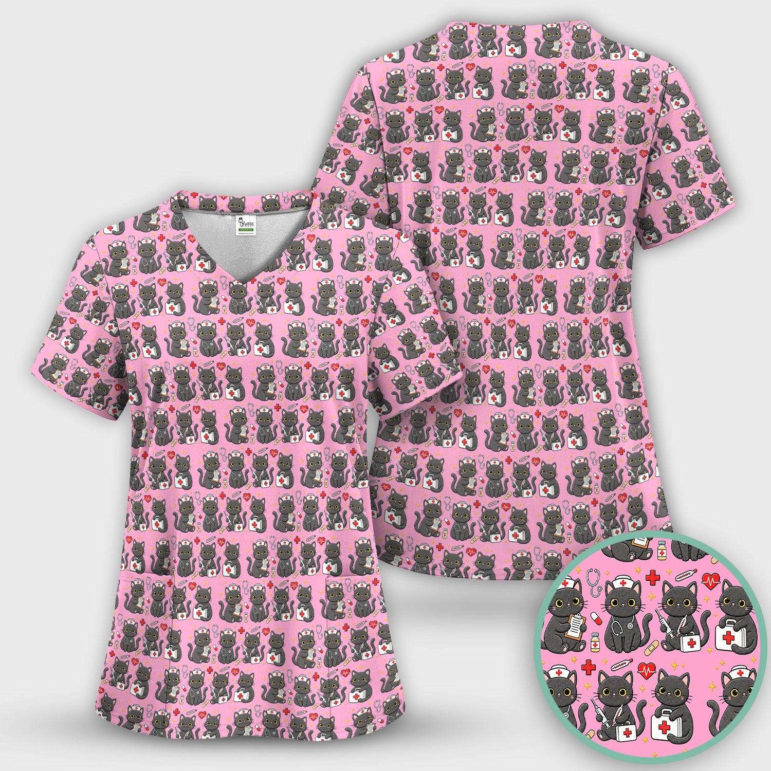 Black Cat Nurse Medical Icons Scrub Set, Scrub Pants and V Neck Top