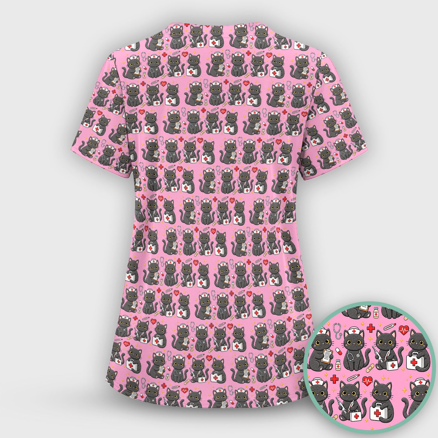Black Cat Nurse Medical Icons Scrub Set, Scrub Pants and V Neck Top