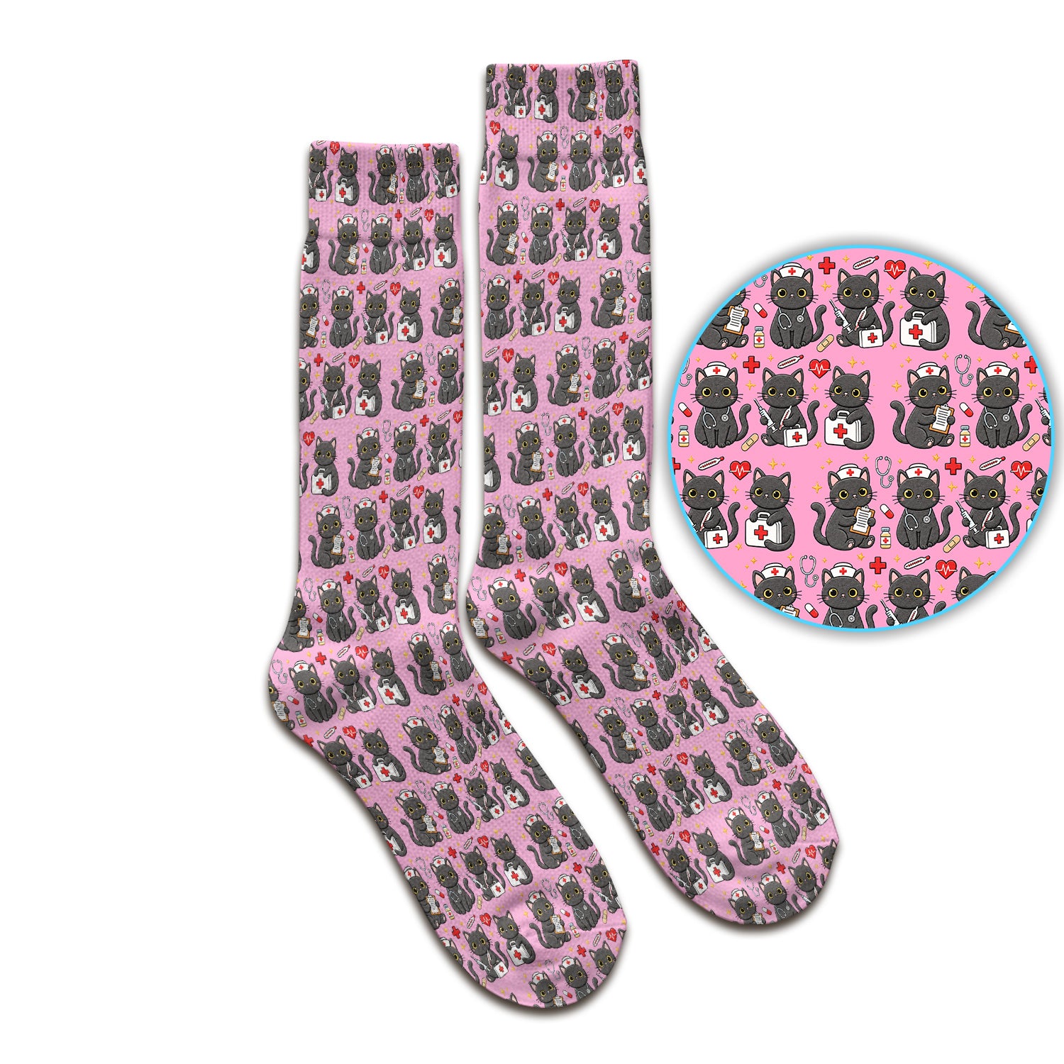 Black Cat Nurse Medical Icons Socks, Adult Socks for Men and Women