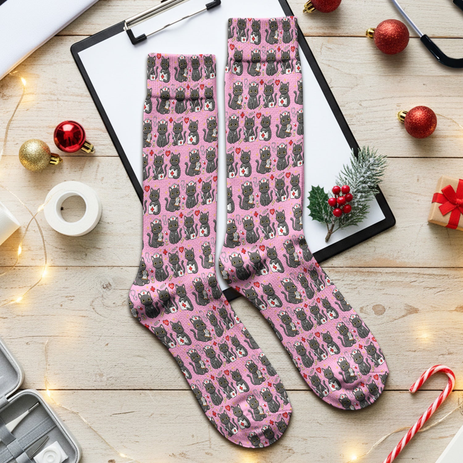 Black Cat Nurse Medical Icons Socks, Adult Socks for Men and Women