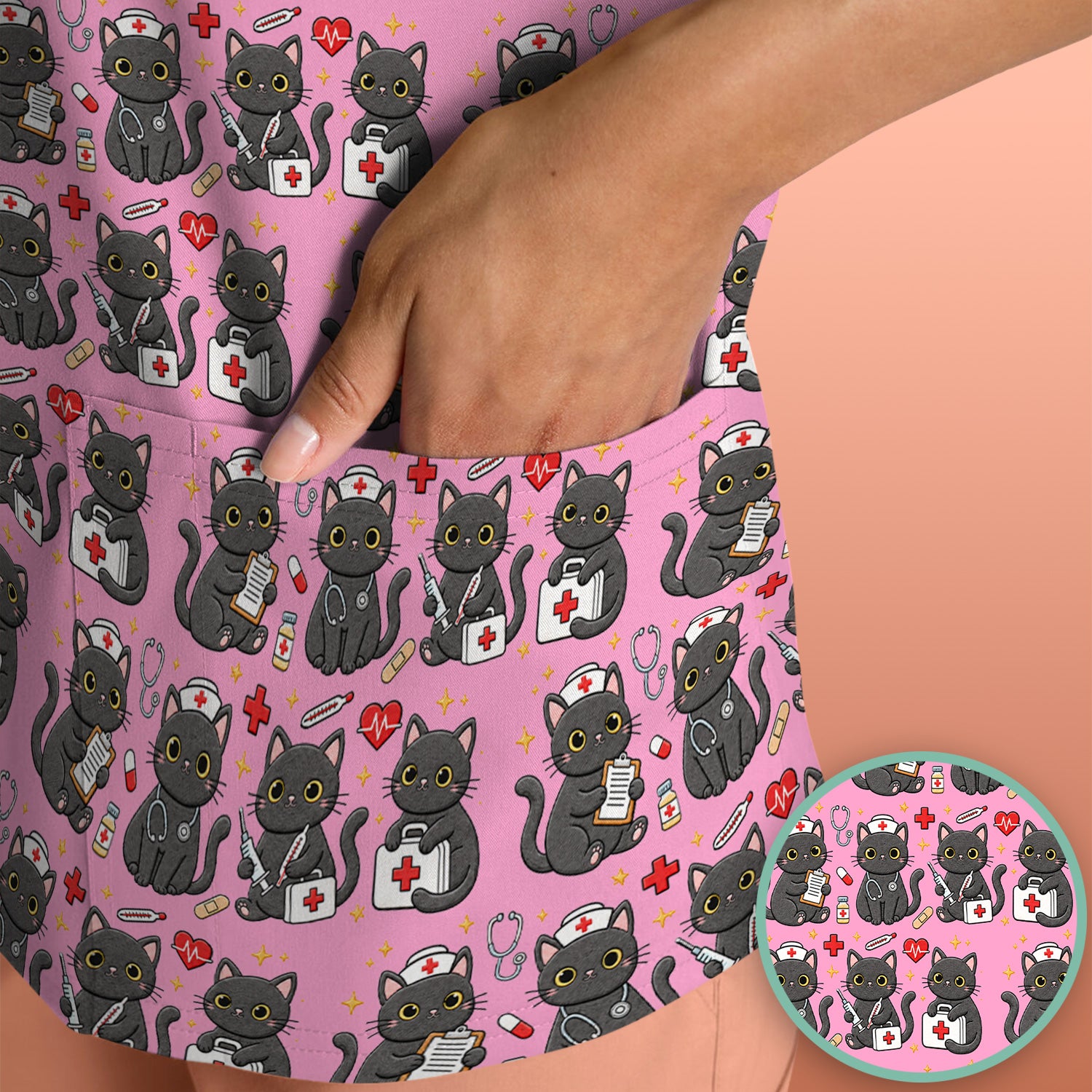Black Cat Nurse Medical Icons Scrub Top, Comfortable Scrubs for Nurses