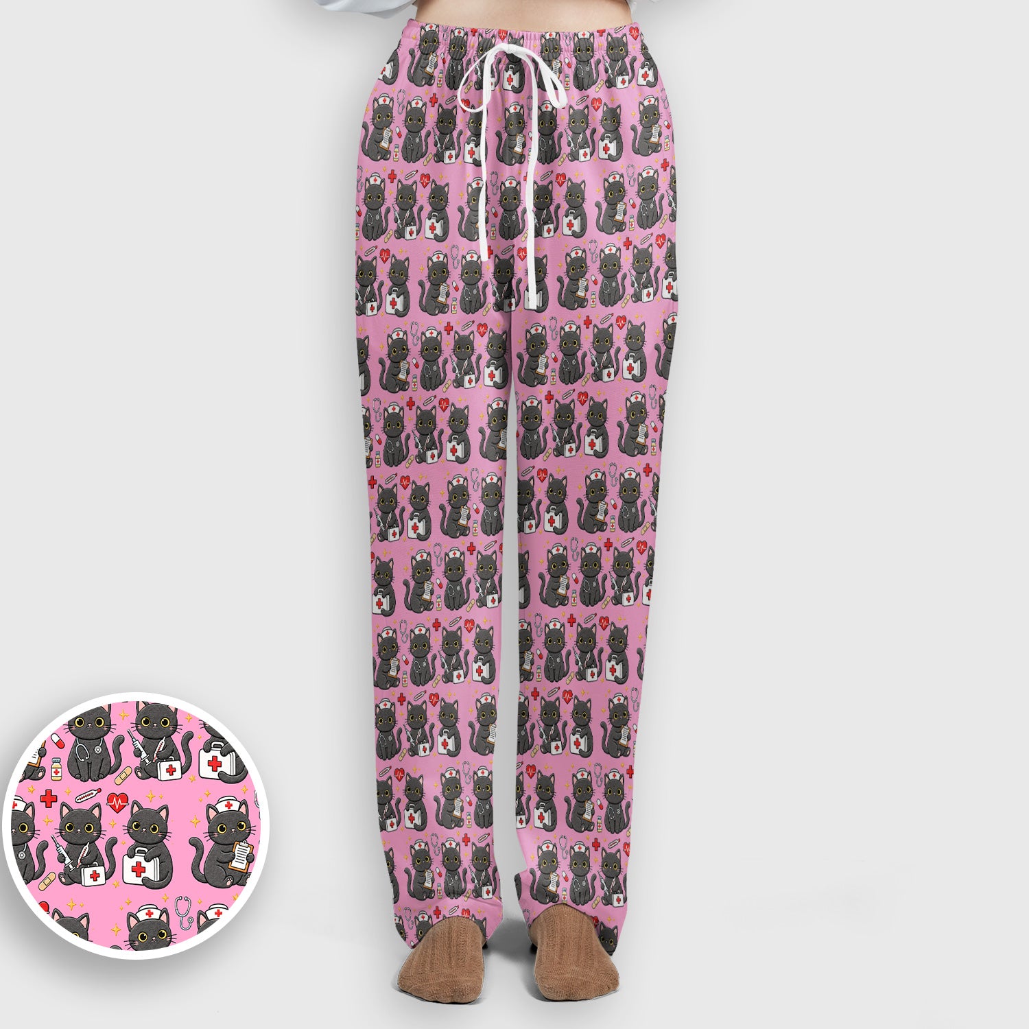 Black Cat Nurse Medical Icons Scrub Set, Scrub Pants and V Neck Top