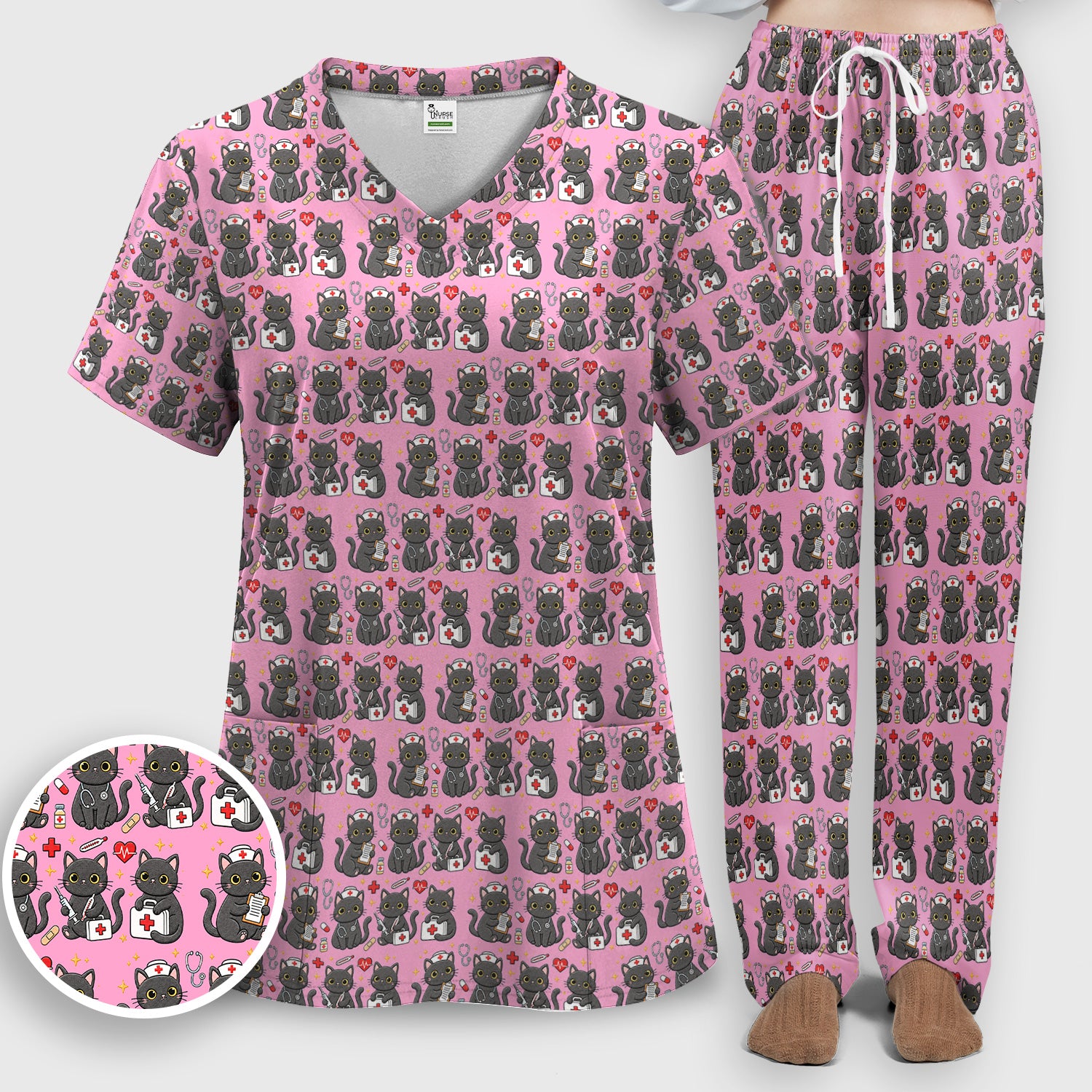 Black Cat Nurse Medical Icons Scrub Set, Scrub Pants and V Neck Top