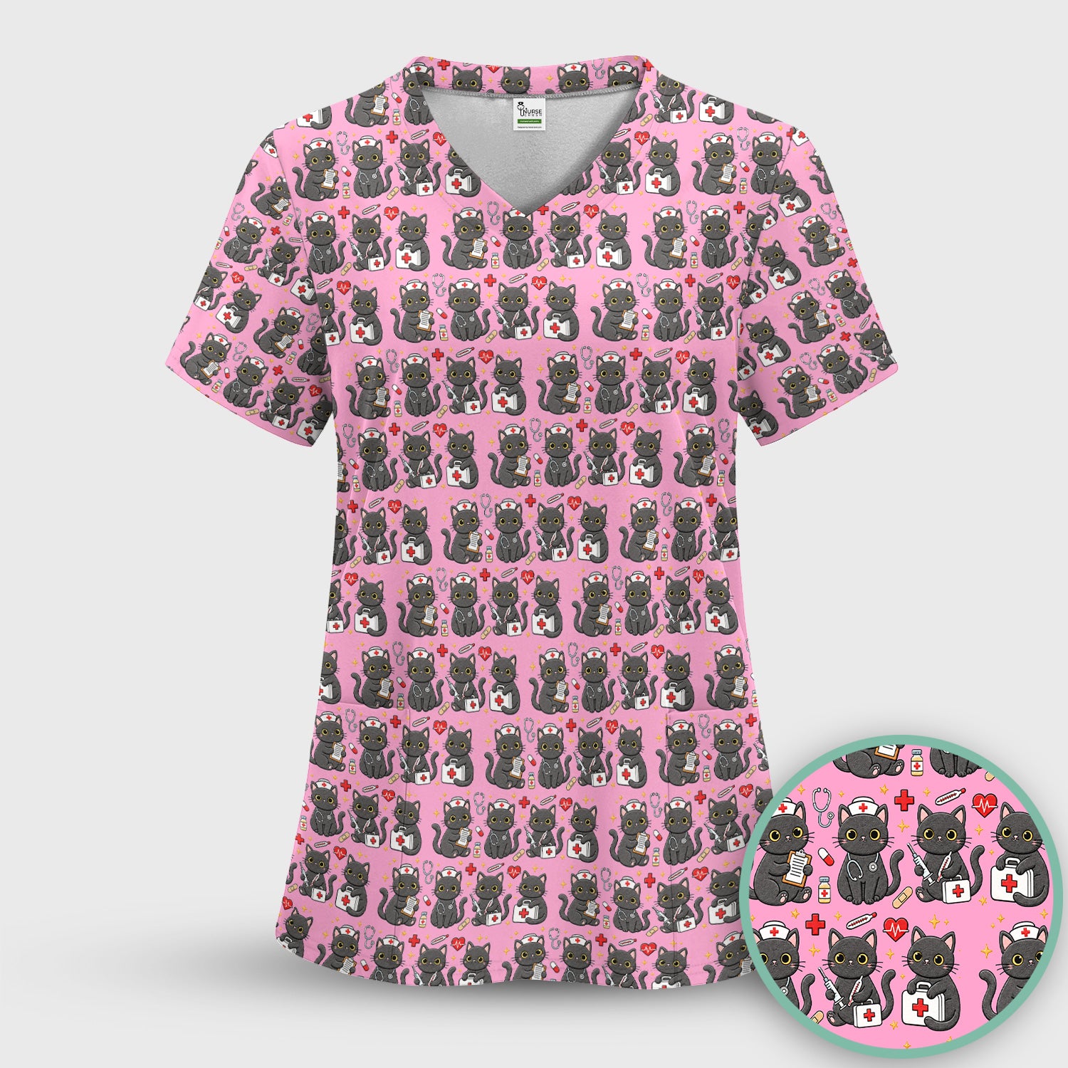 Black Cat Nurse Medical Icons Scrub Set, Scrub Pants and V Neck Top