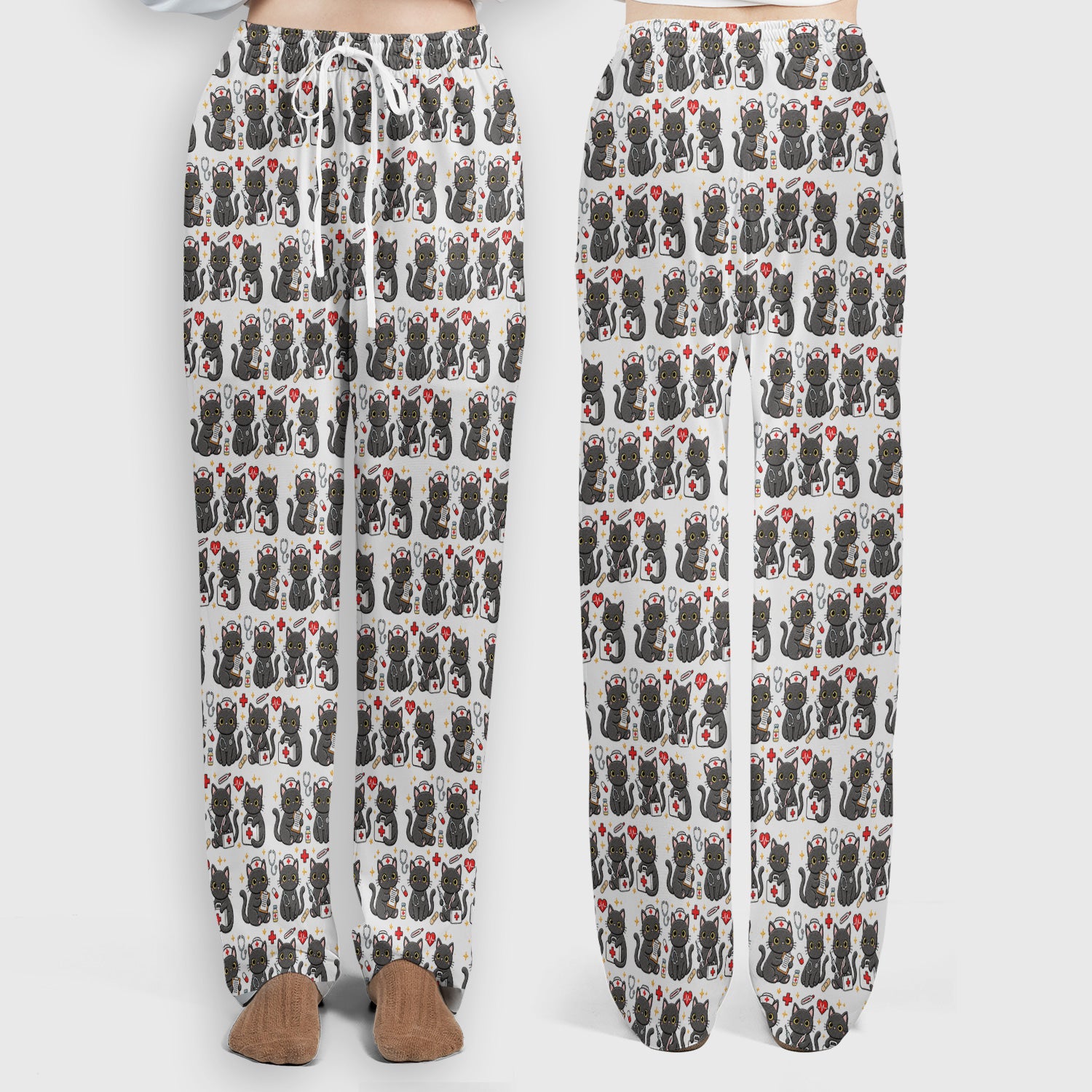 Black Cat Nurse Medical Icons Scrub Set, Scrub Pants and V Neck Top