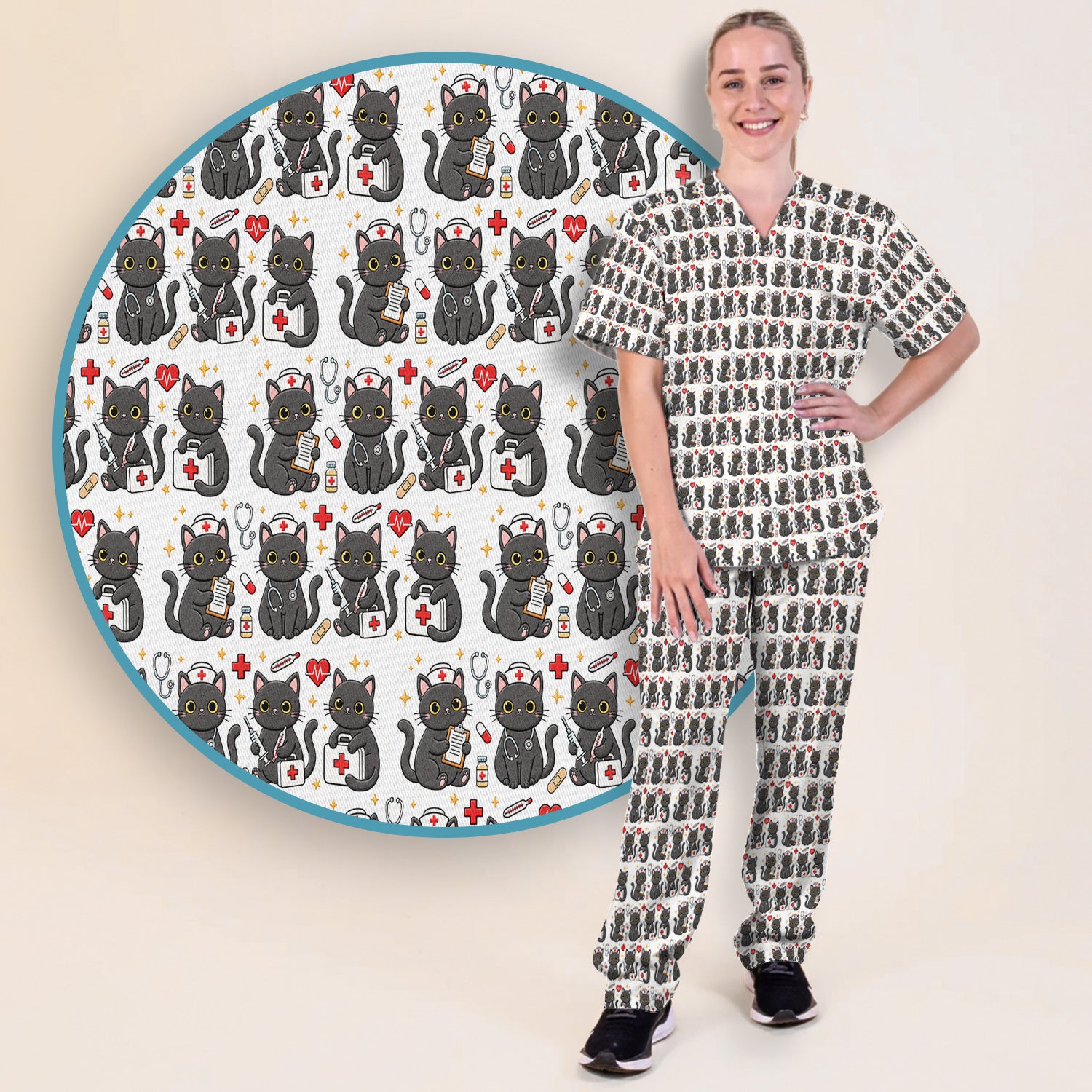 Black Cat Nurse Medical Icons Scrub Set, Scrub Pants and V Neck Top