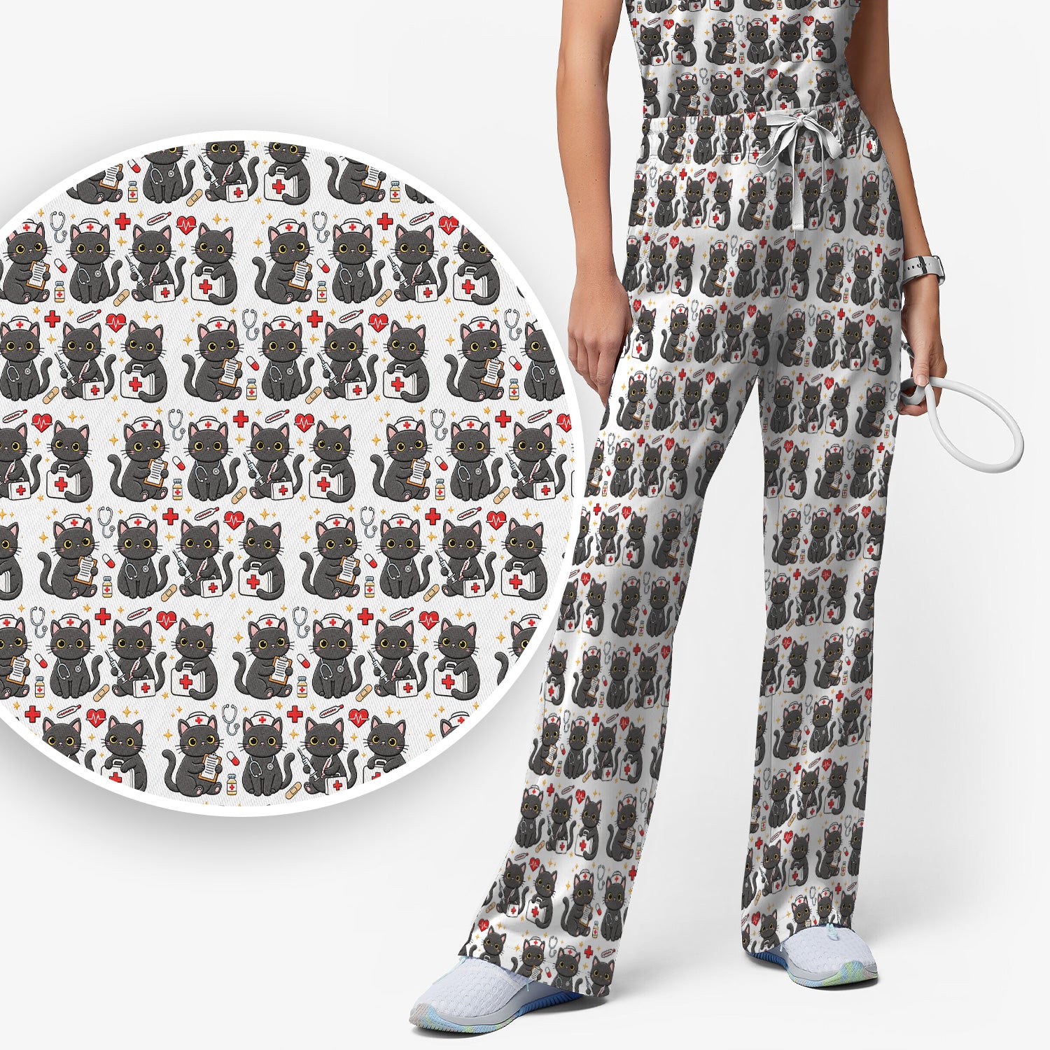 Black Cat Nurse Medical Icons Scrub Set, Scrub Pants and V Neck Top