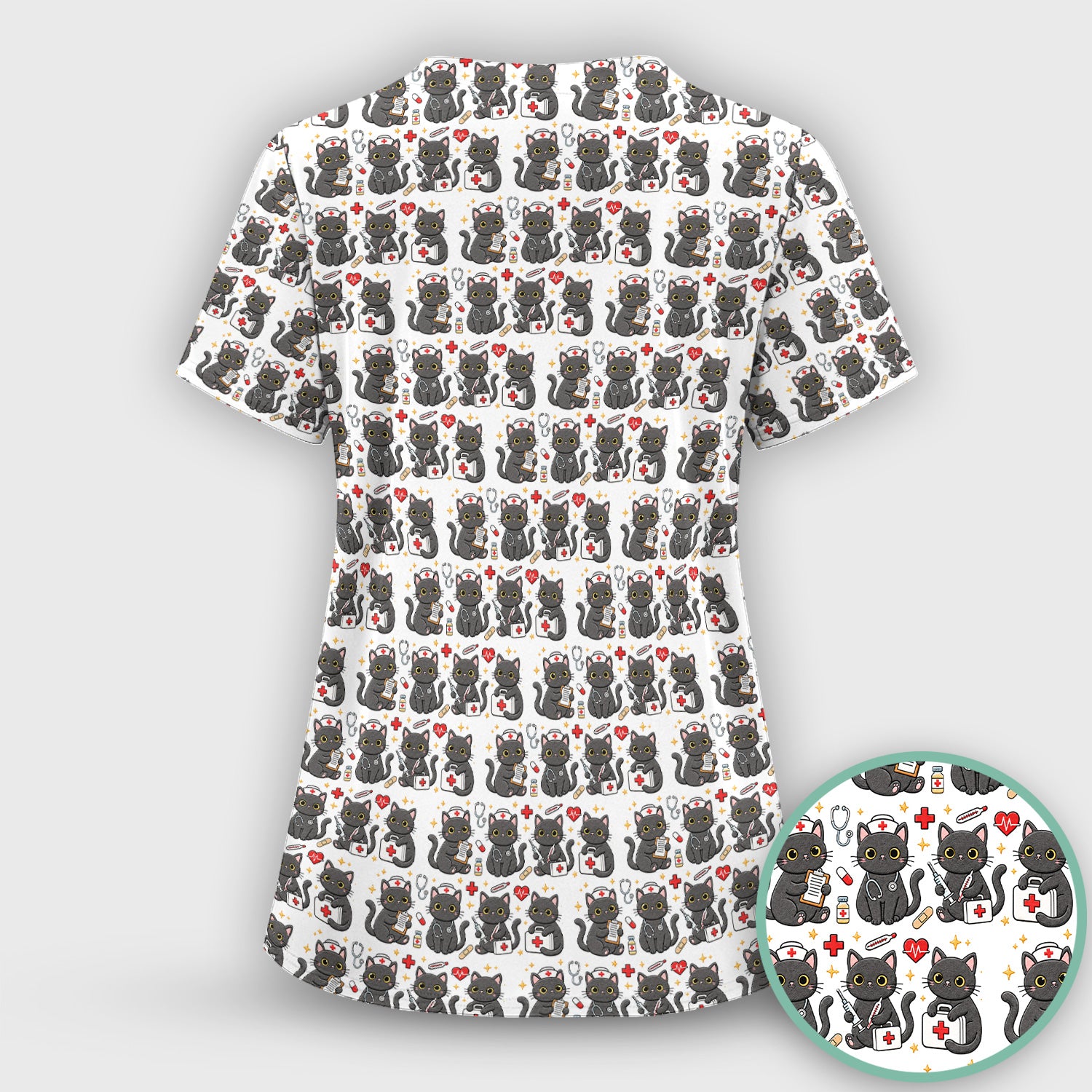 Black Cat Nurse Medical Icons Scrub Set, Scrub Pants and V Neck Top