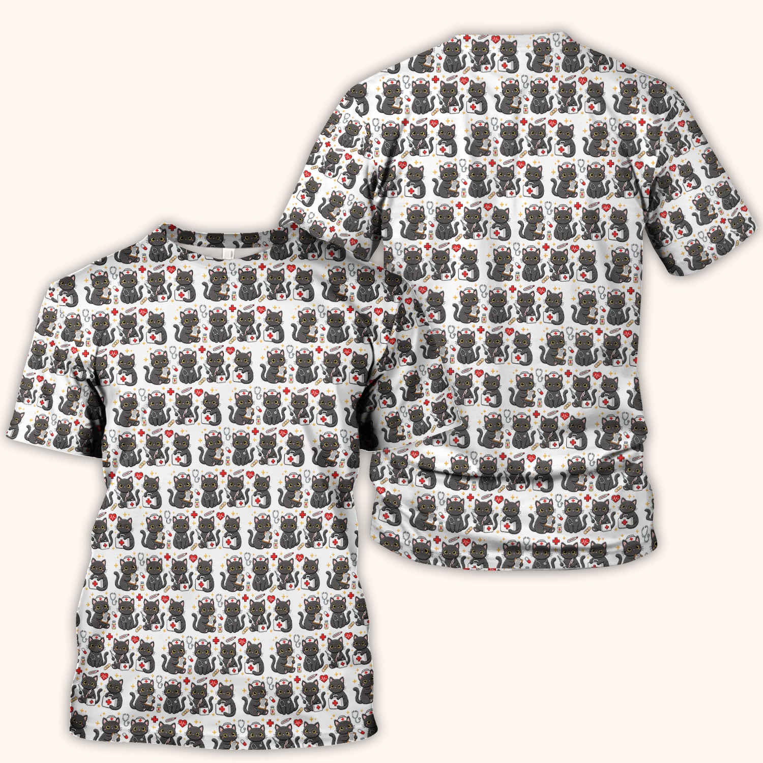 Black Cat Nurse Medical Icons Scrub Top, Comfortable Scrubs for Nurses