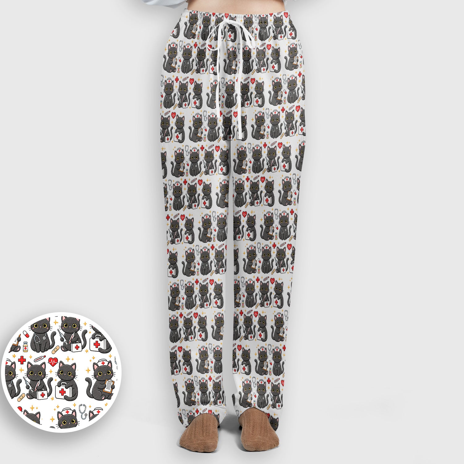 Black Cat Nurse Medical Icons Scrub Set, Scrub Pants and V Neck Top