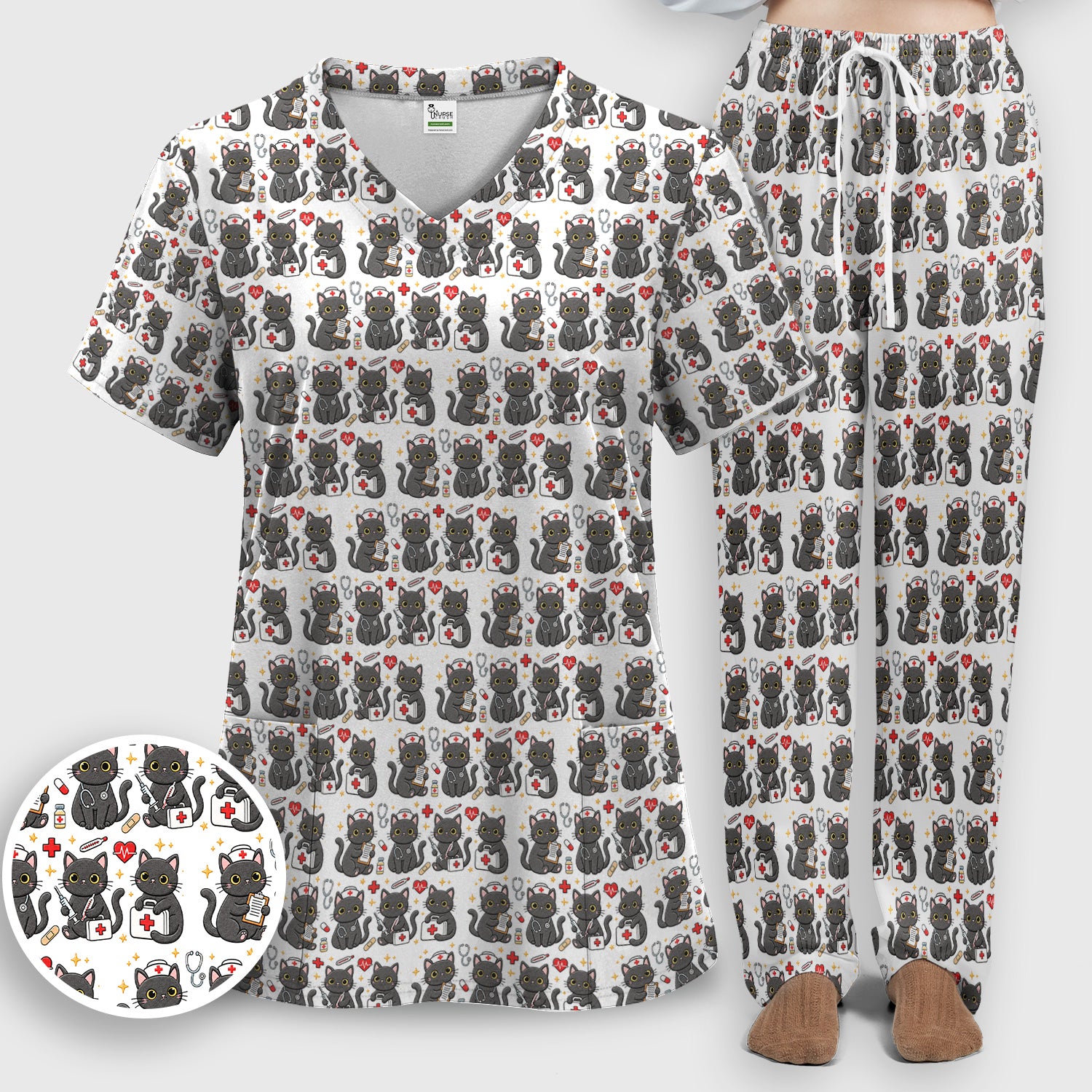 Black Cat Nurse Medical Icons Scrub Set, Scrub Pants and V Neck Top