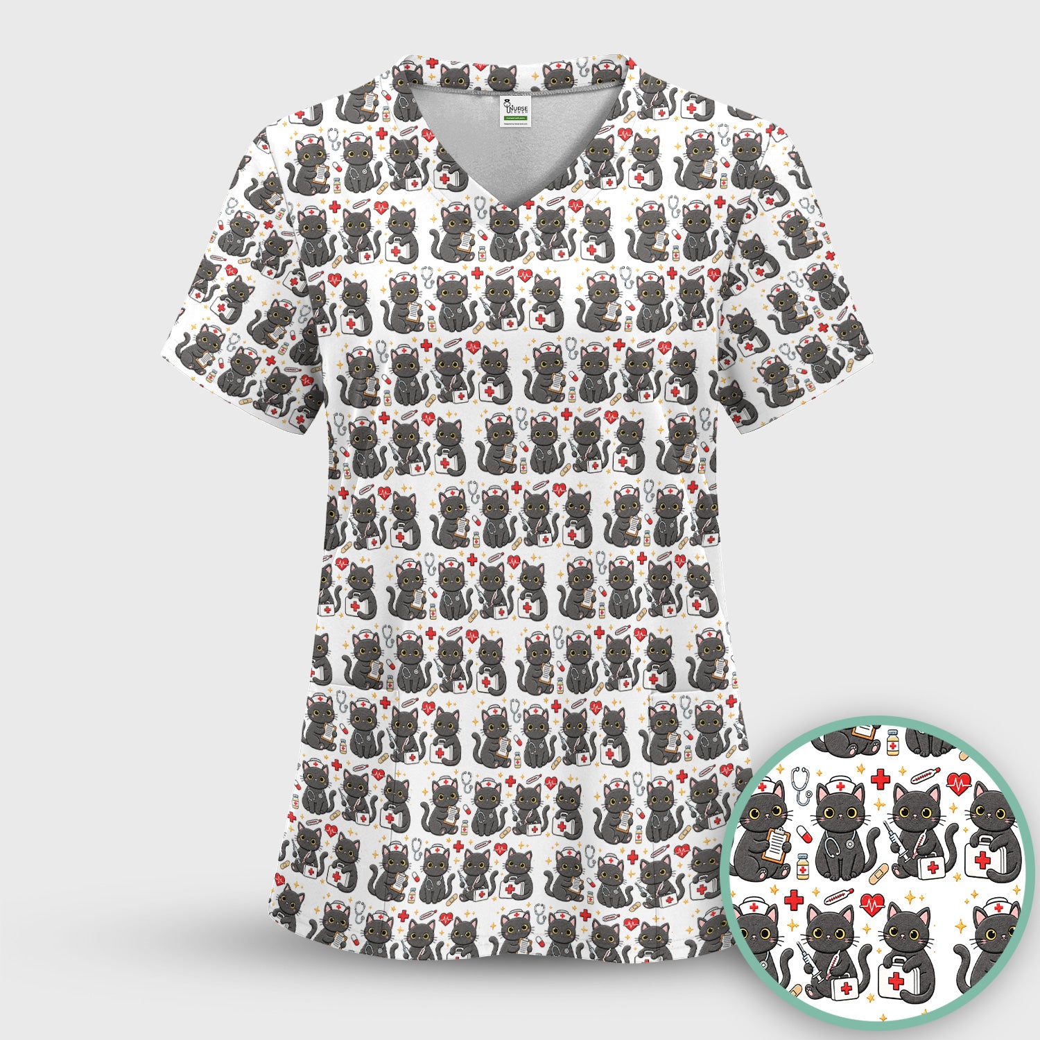 Black Cat Nurse Medical Icons Scrub Set, Scrub Pants and V Neck Top