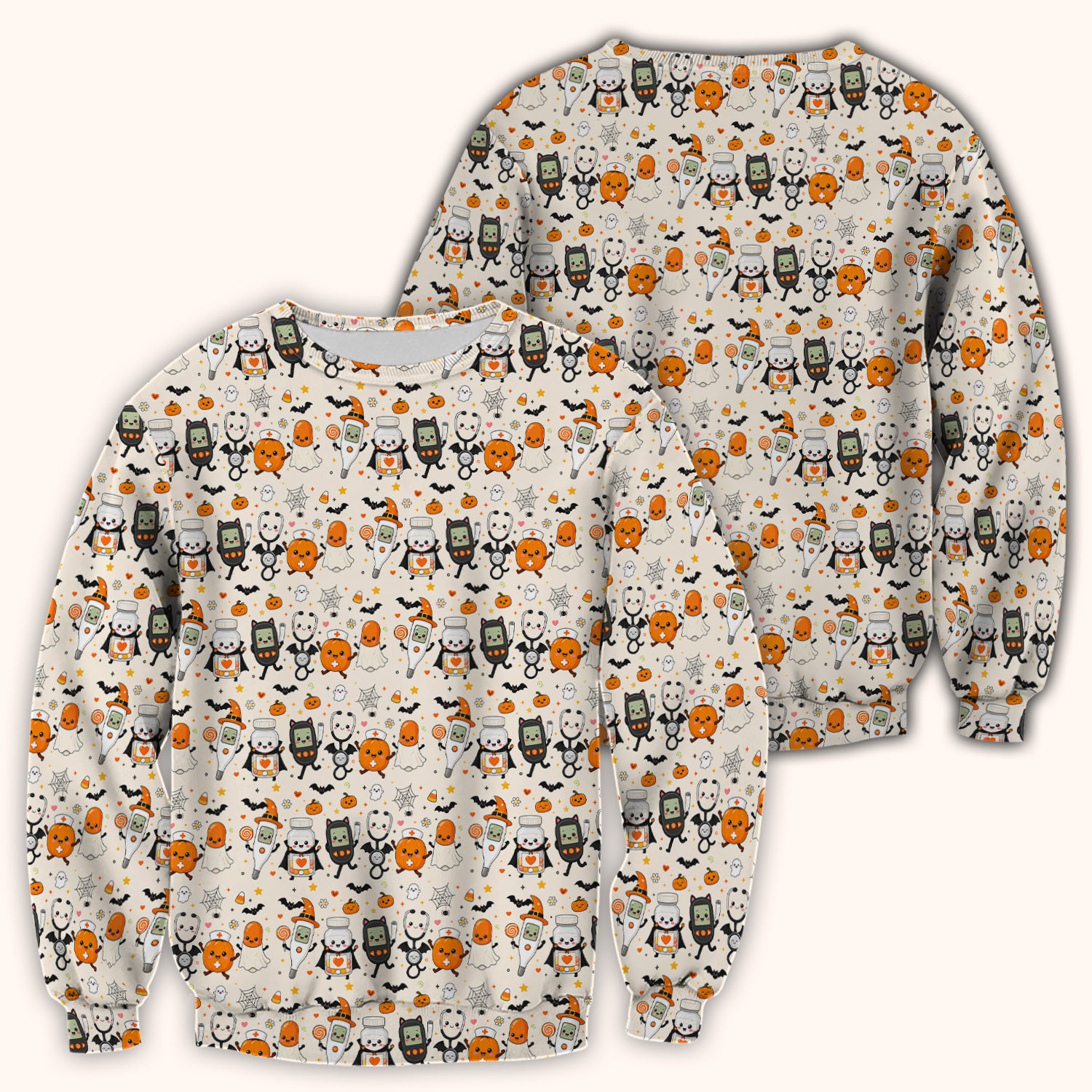 Cute Halloween Medical Characters Print Scrub Top, Comfortable Scrubs for Nurses