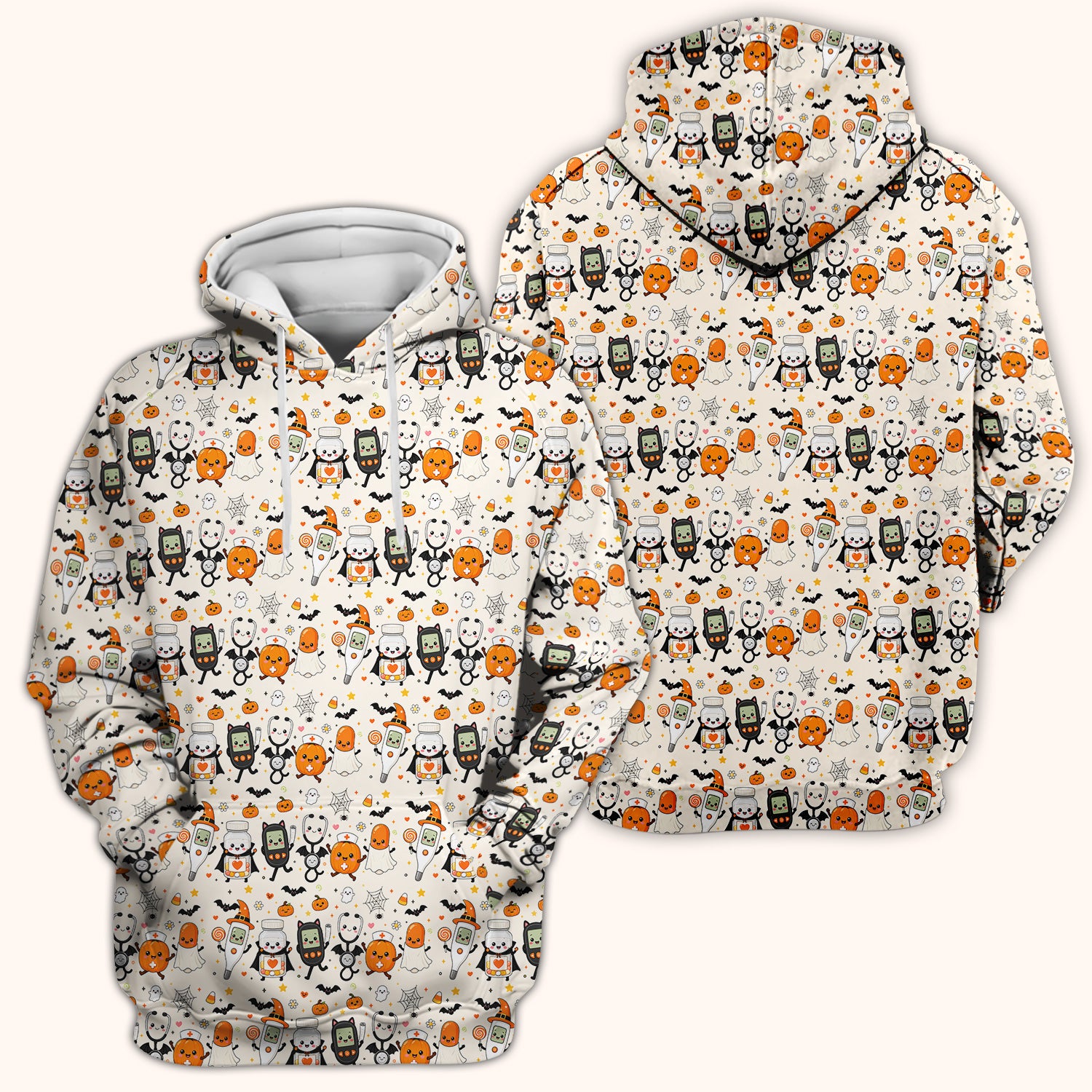 Cute Halloween Medical Characters Print Scrub Top, Comfortable Scrubs for Nurses