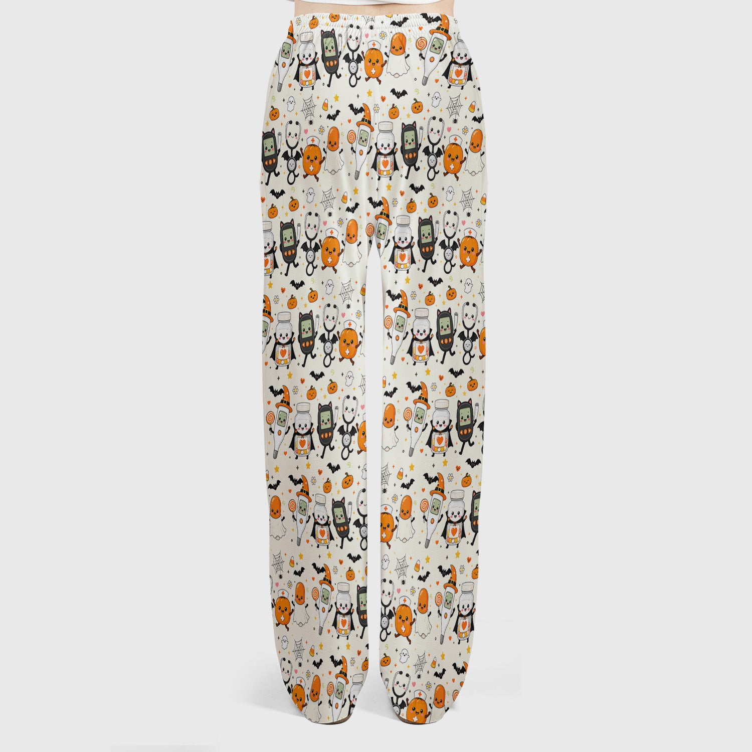 Cute Halloween Medical Characters Print Scrub Set, Scrub Pants and V Neck Top