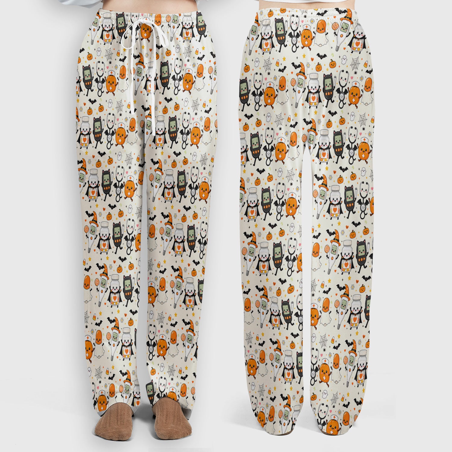 Cute Halloween Medical Characters Print Scrub Set, Scrub Pants and V Neck Top