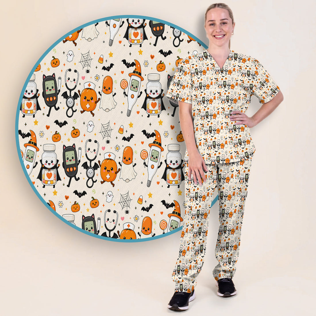 Cute Halloween Medical Characters Print Scrub Set, Scrub Pants and V Neck Top
