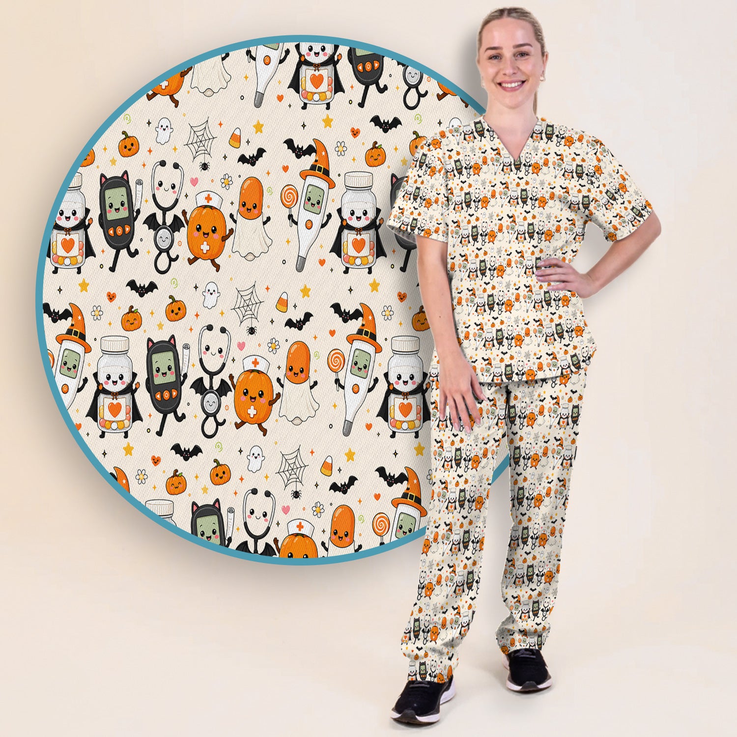 Cute Halloween Medical Characters Print Scrub Set, Scrub Pants and V Neck Top