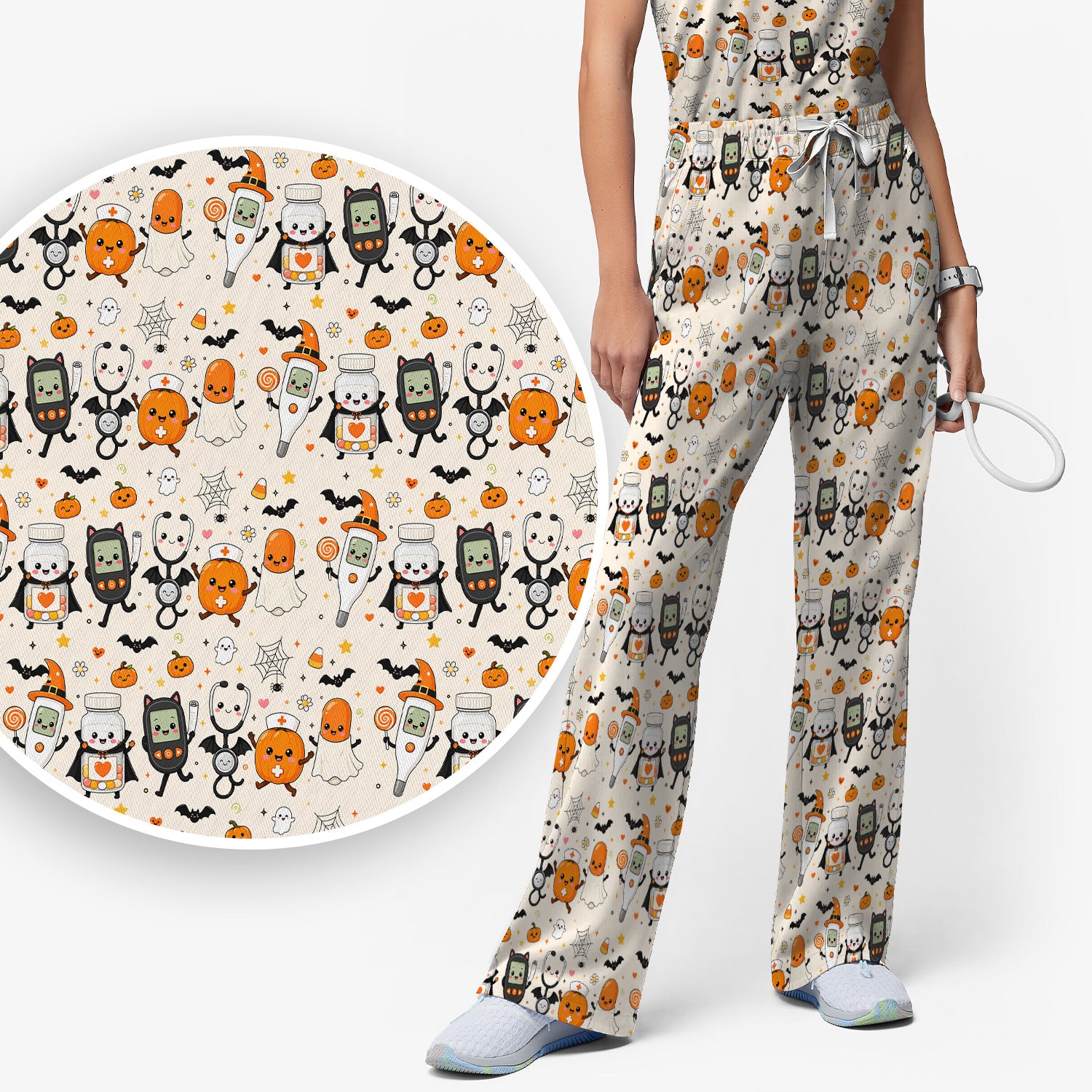 Cute Halloween Medical Characters Print Scrub Set, Scrub Pants and V Neck Top