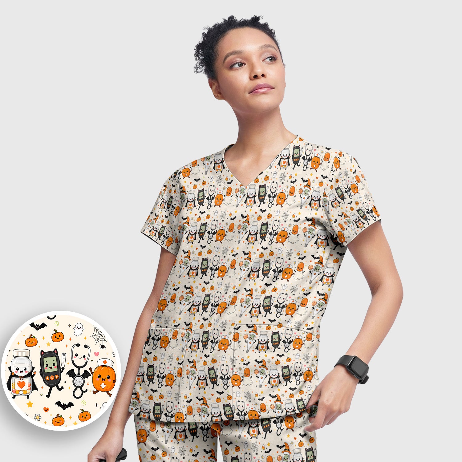 Cute Halloween Medical Characters Print Scrub Set, Scrub Pants and V Neck Top
