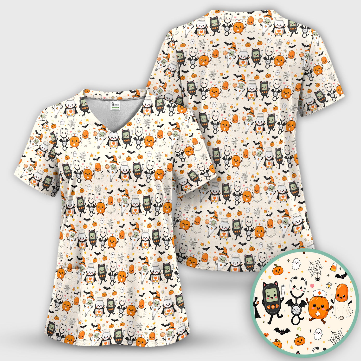 Cute Halloween Medical Characters Print Scrub Top, Comfortable Scrubs for Nurses