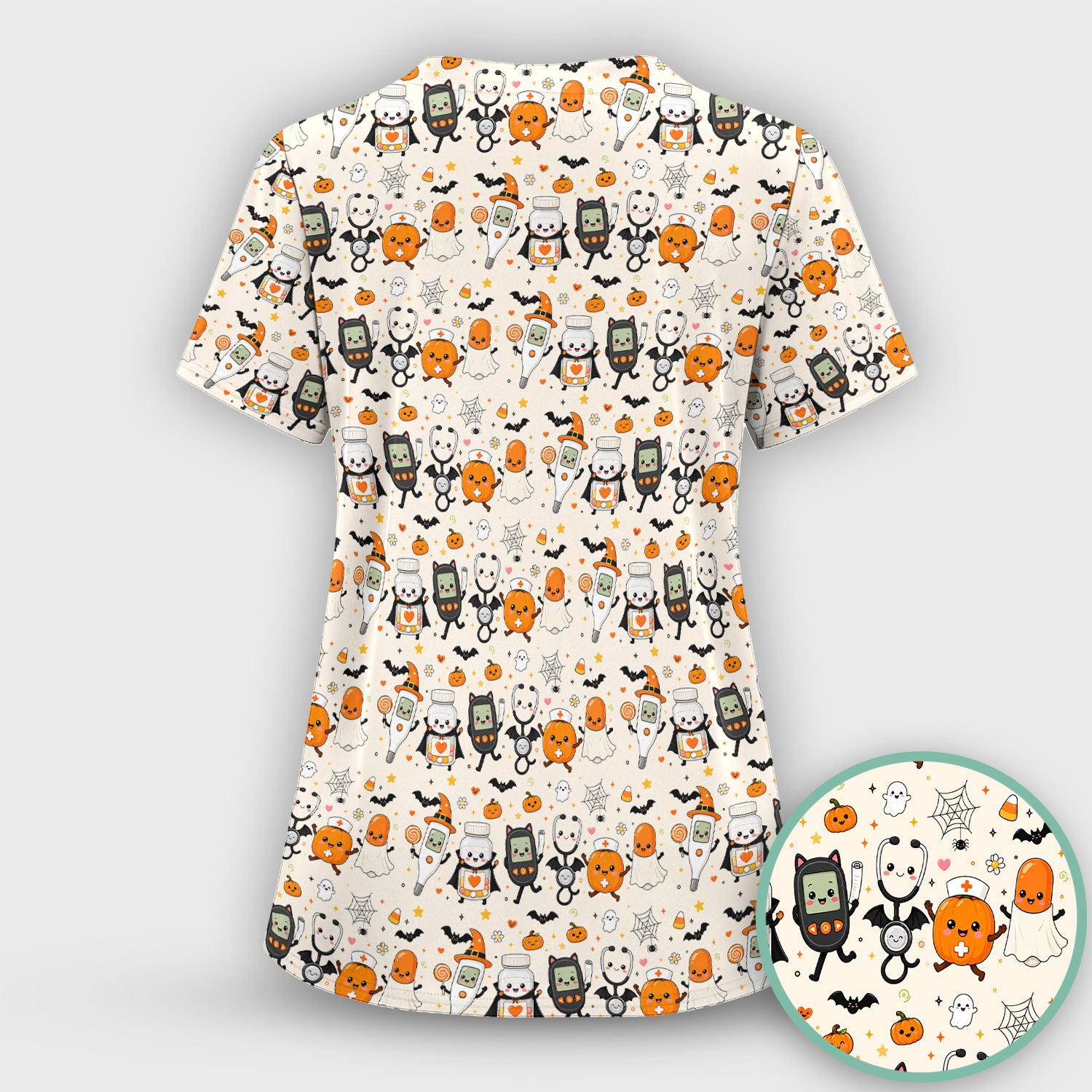 Cute Halloween Medical Characters Print Scrub Top, Comfortable Scrubs for Nurses
