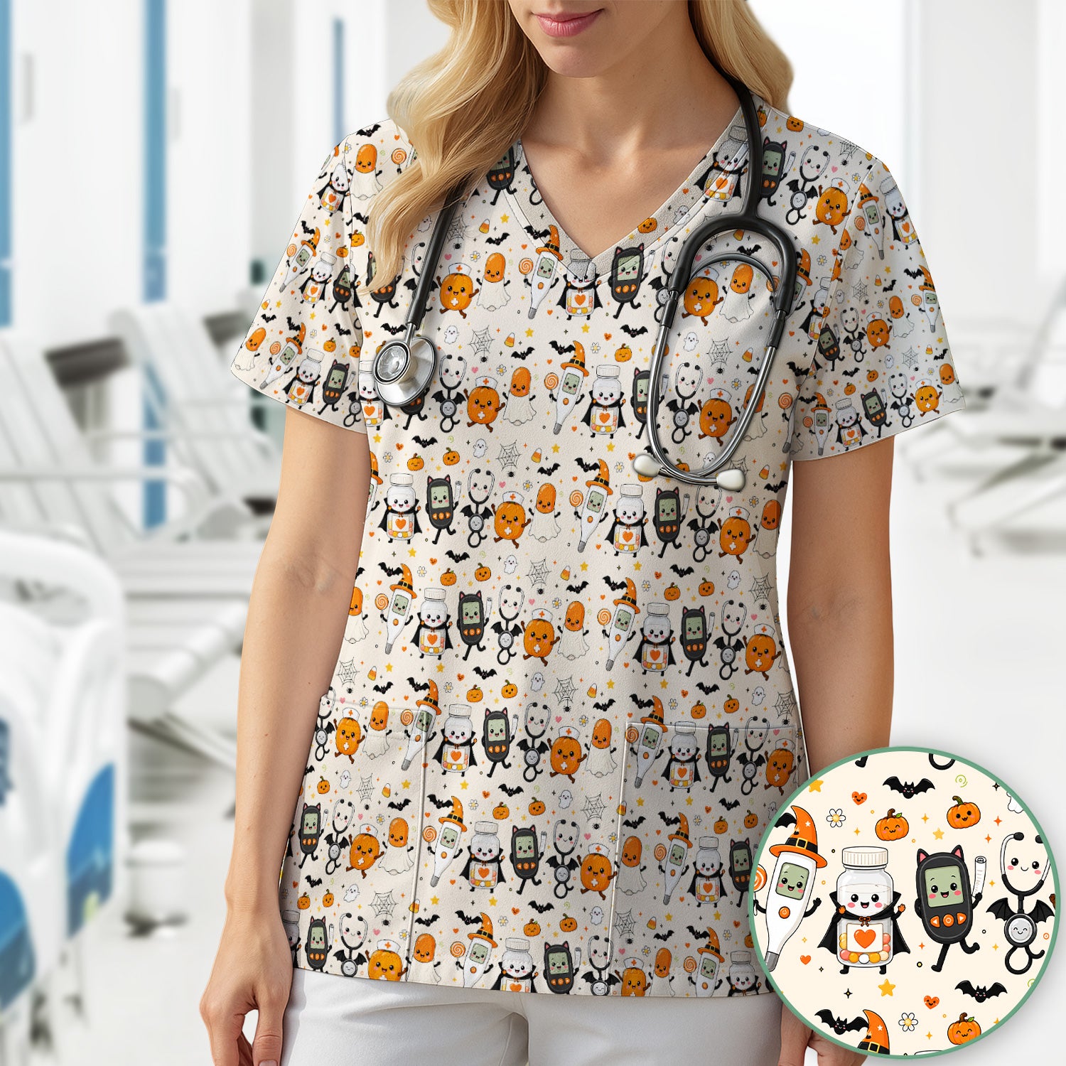 Cute Halloween Medical Characters Print Scrub Top, Comfortable Scrubs for Nurses