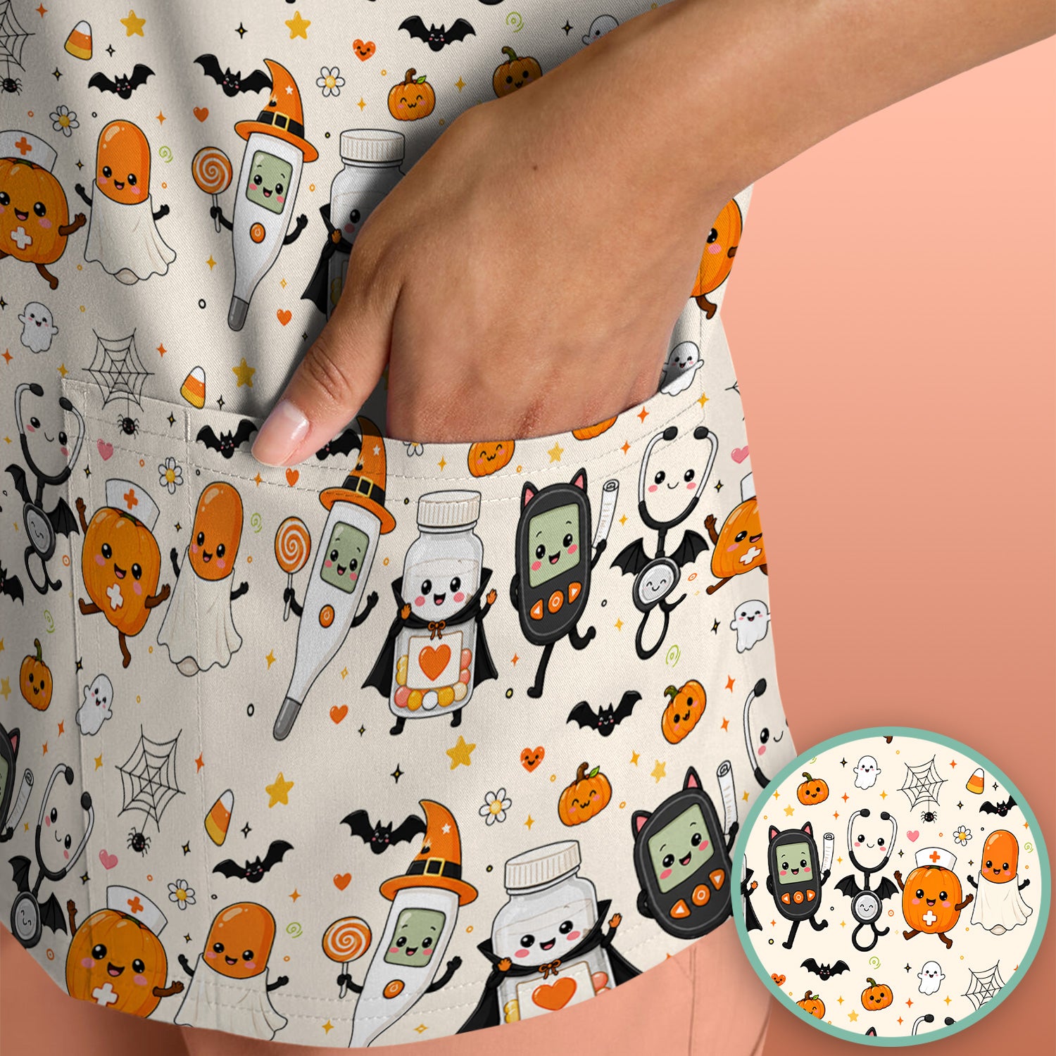 Cute Halloween Medical Characters Print Scrub Top, Comfortable Scrubs for Nurses