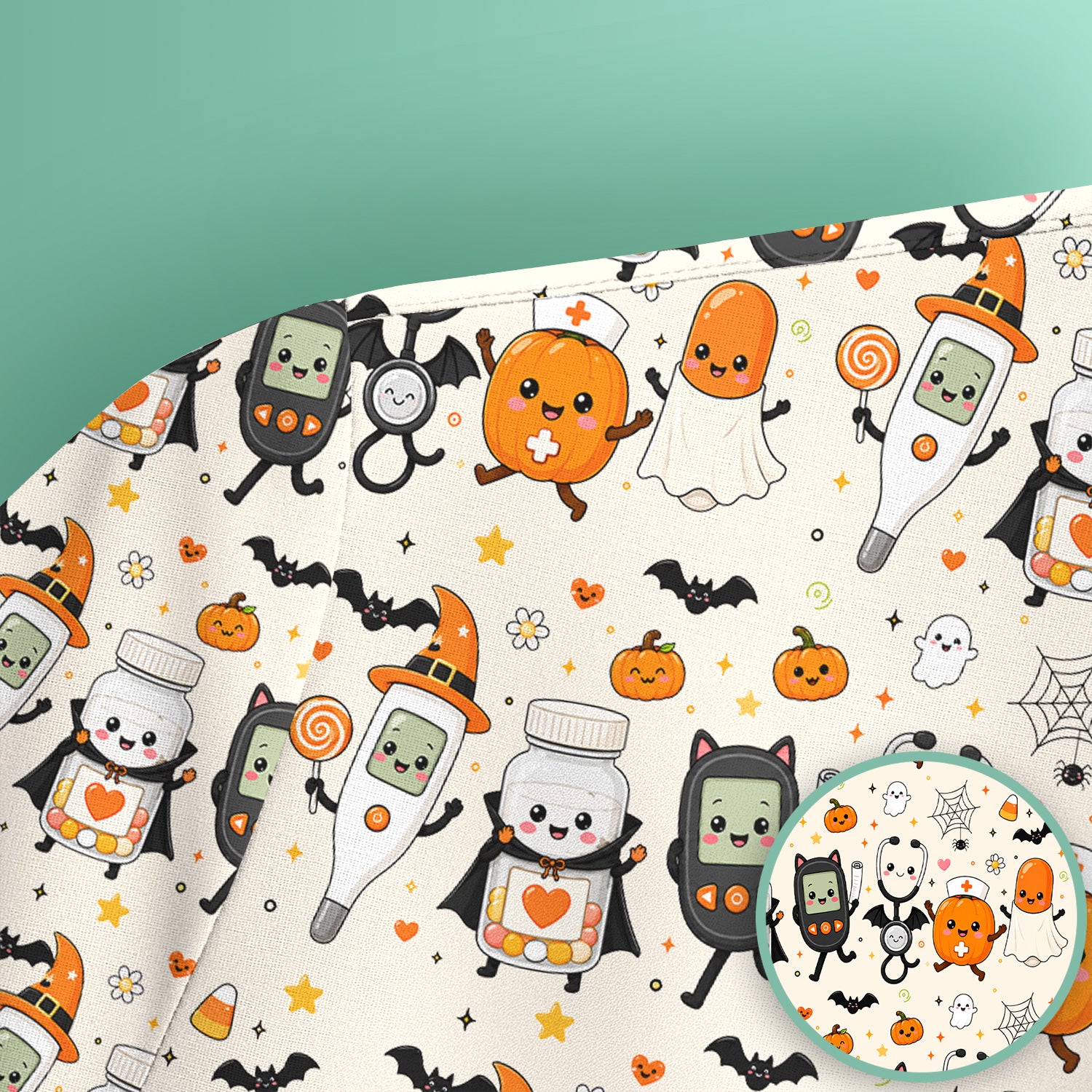 Cute Halloween Medical Characters Print Scrub Top, Comfortable Scrubs for Nurses