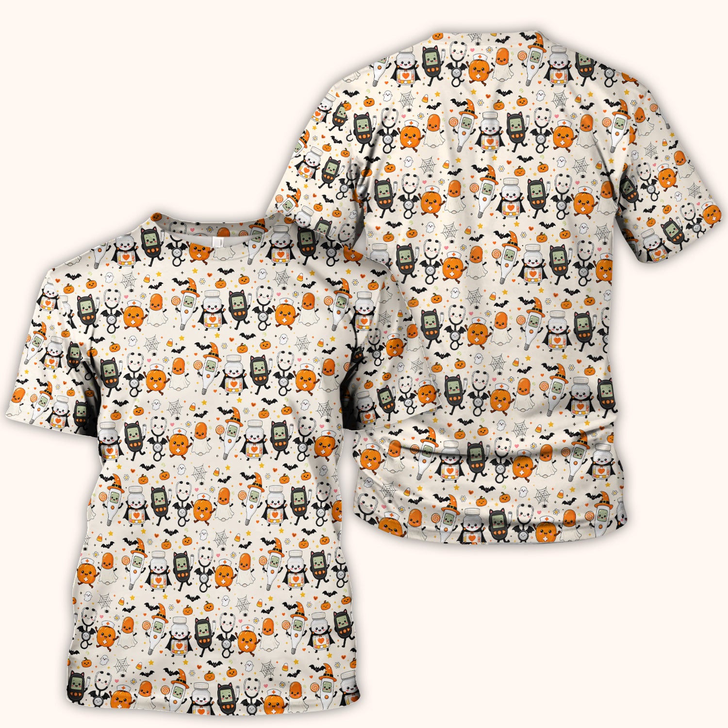 Cute Halloween Medical Characters Print Scrub Top, Comfortable Scrubs for Nurses
