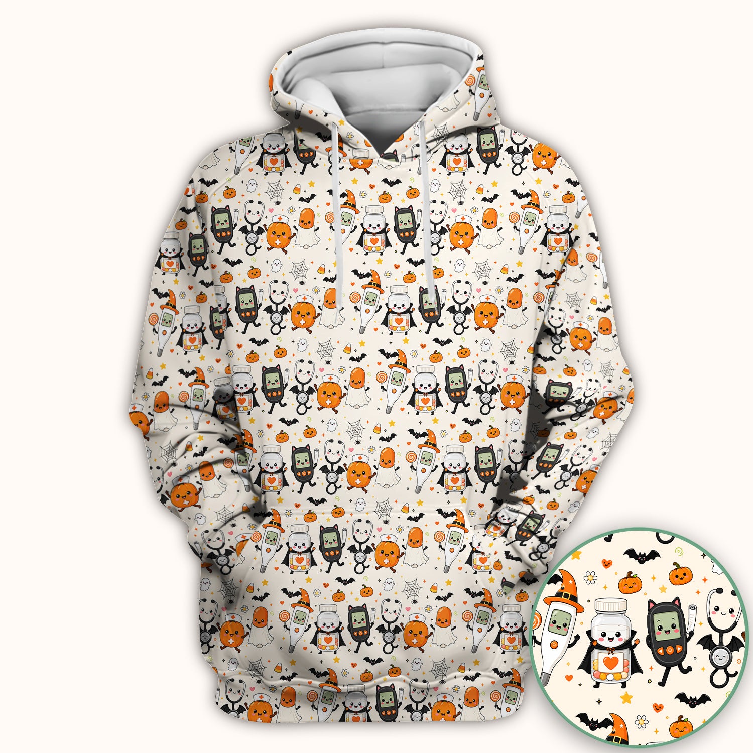 Cute Halloween Medical Characters Print Scrub Top, Comfortable Scrubs for Nurses