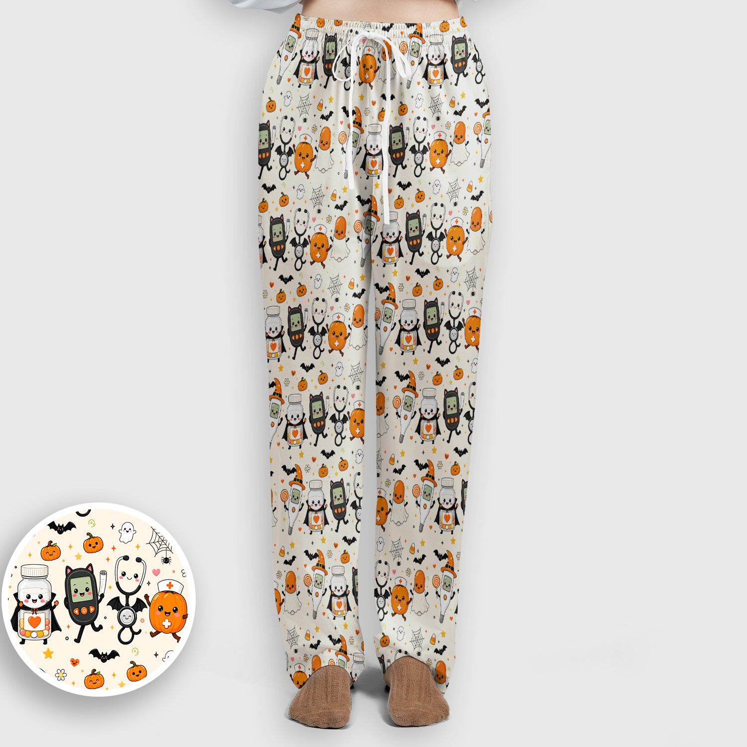 Cute Halloween Medical Characters Print Scrub Set, Scrub Pants and V Neck Top