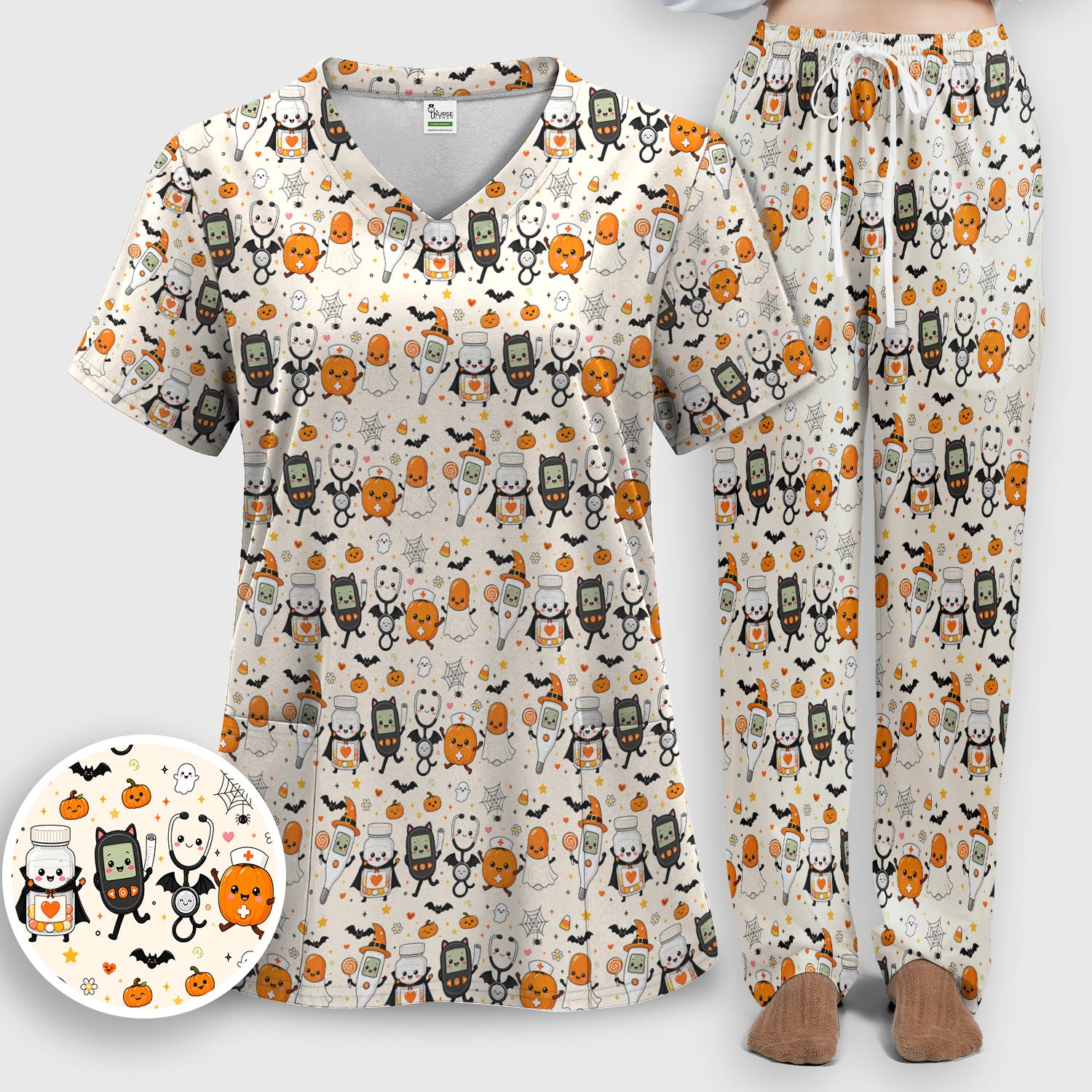 Cute Halloween Medical Characters Print Scrub Set, Scrub Pants and V Neck Top