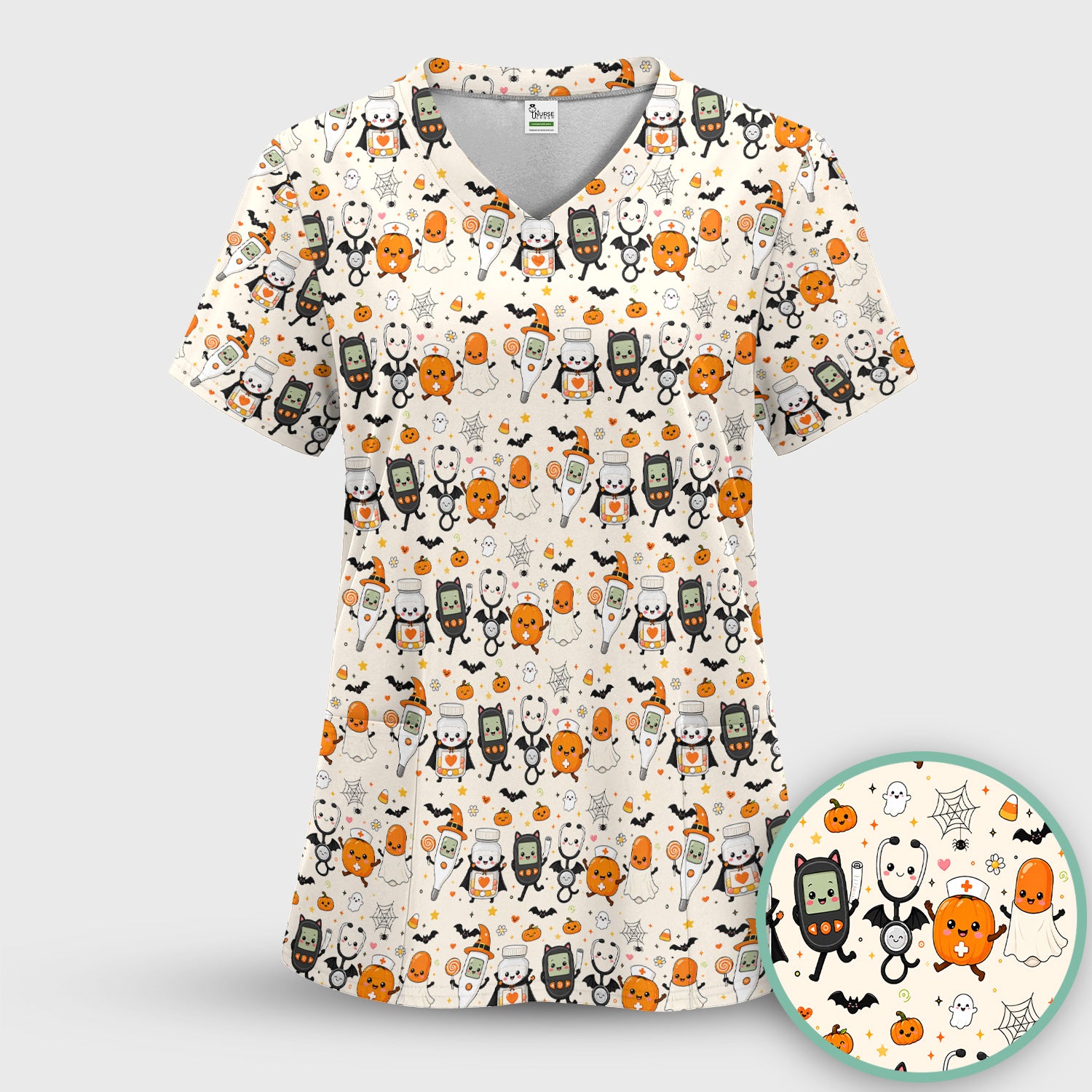 Cute Halloween Medical Characters Print Scrub Top, Comfortable Scrubs for Nurses