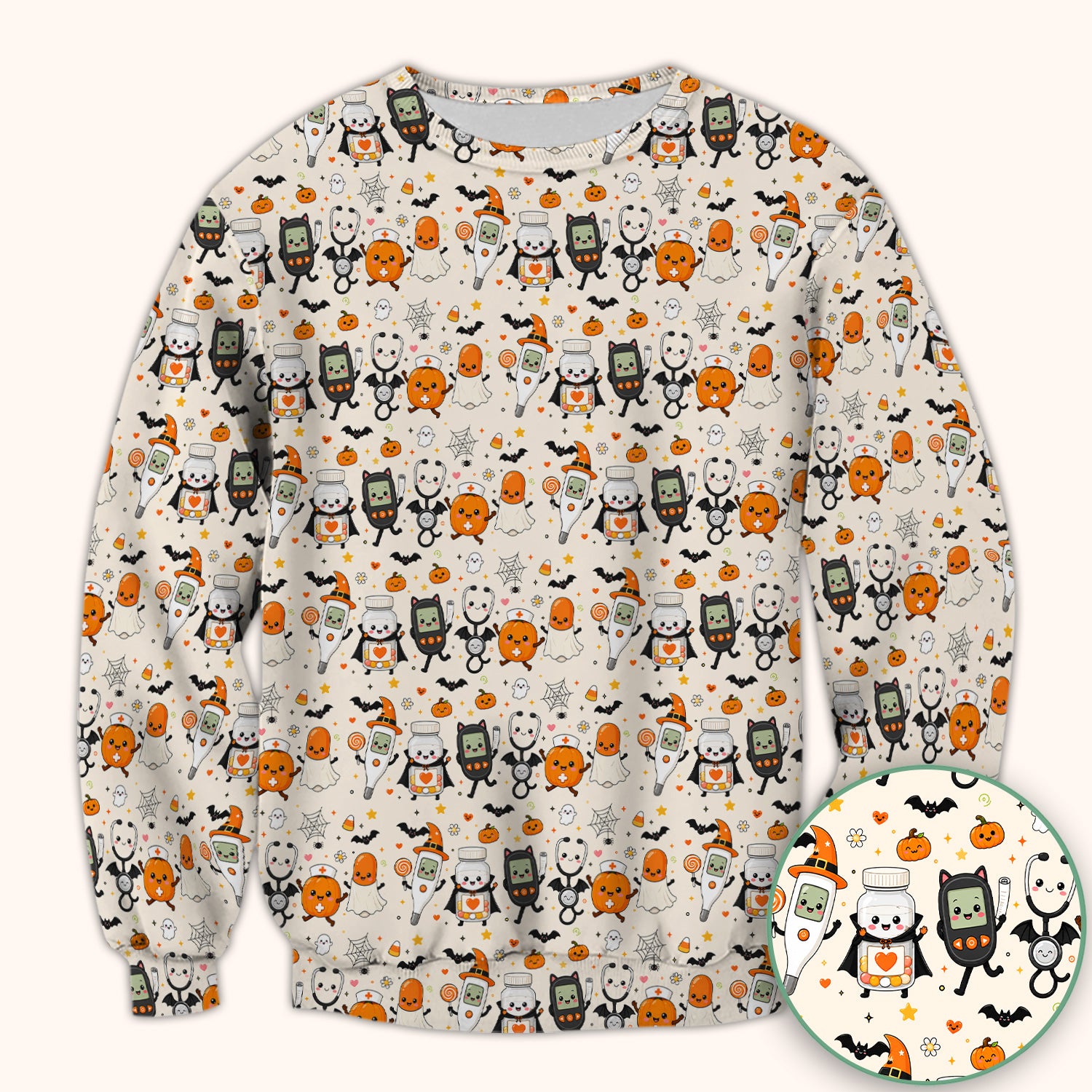 Cute Halloween Medical Characters Print Scrub Top, Comfortable Scrubs for Nurses