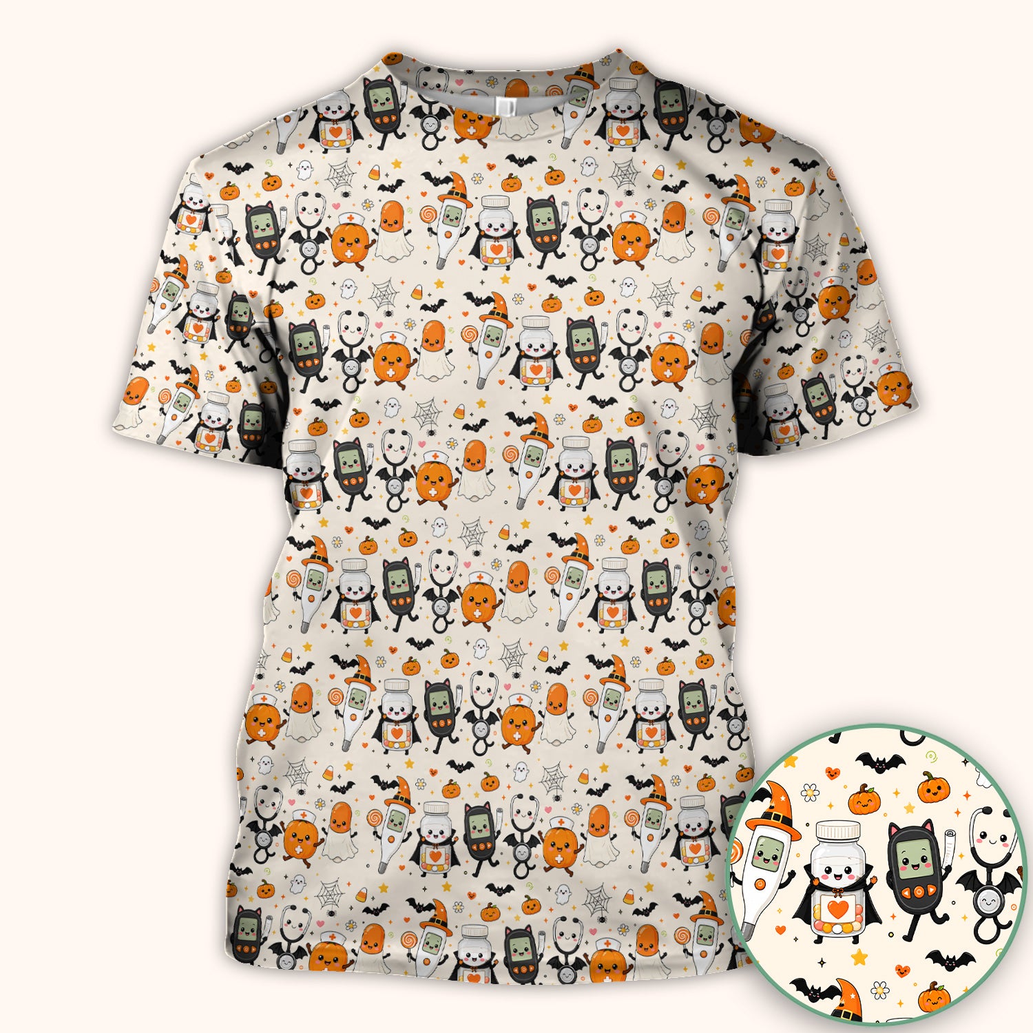 Cute Halloween Medical Characters Print Scrub Top, Comfortable Scrubs for Nurses