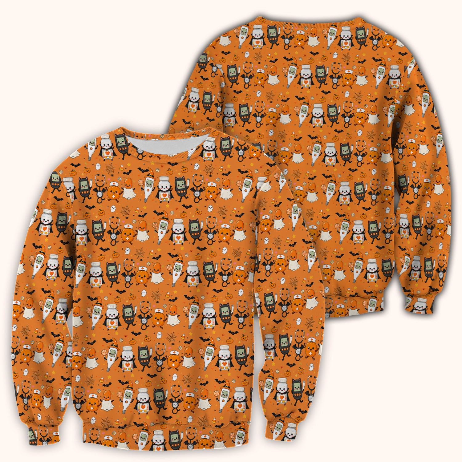 Cute Halloween Medical Characters Print Scrub Top, Comfortable Scrubs for Nurses