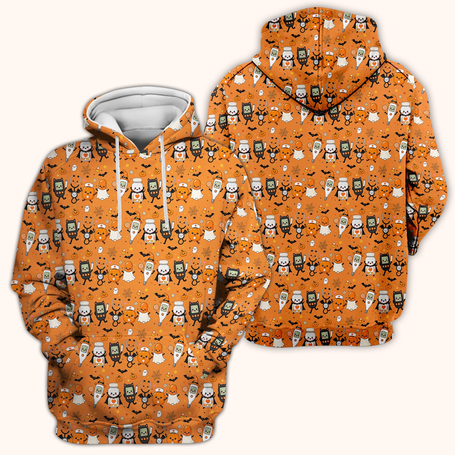 Cute Halloween Medical Characters Print Scrub Top, Comfortable Scrubs for Nurses