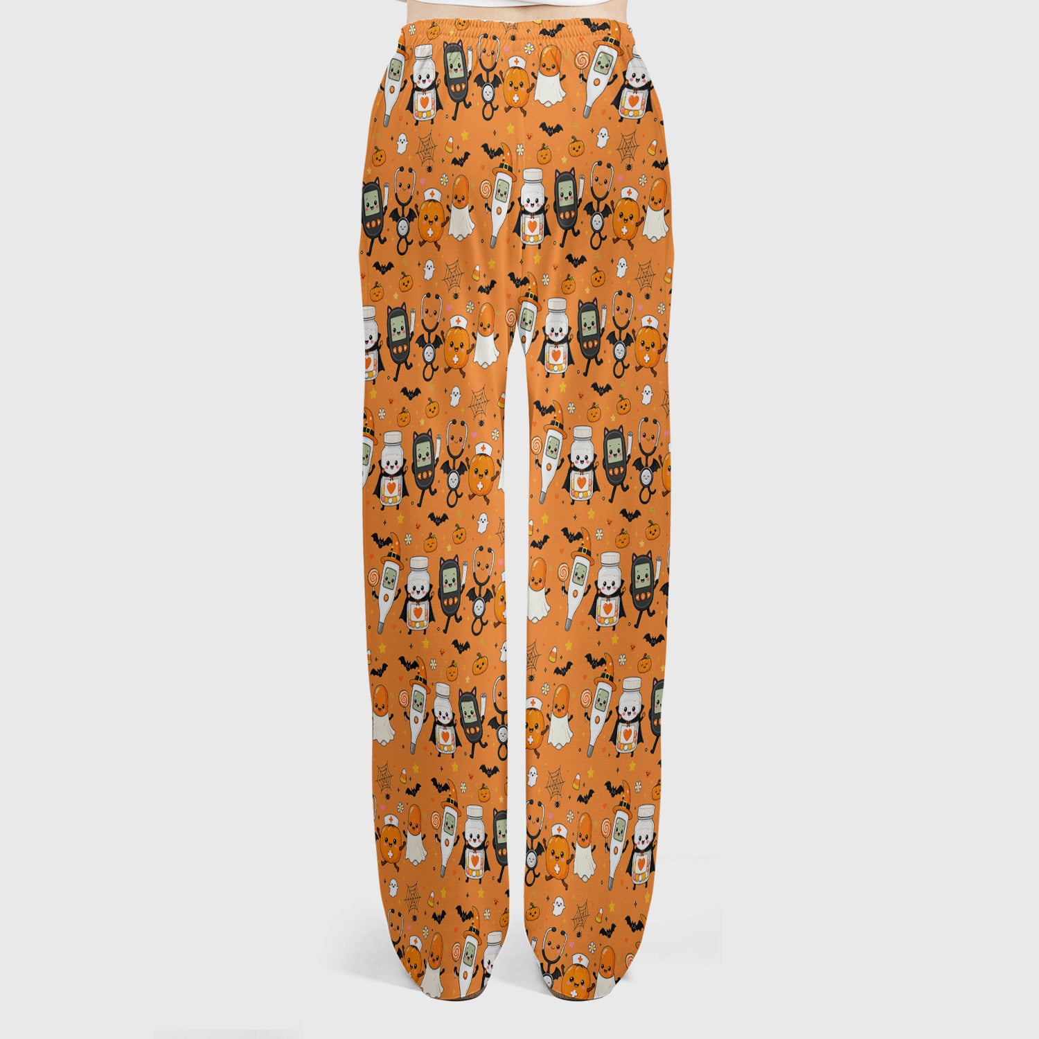 Cute Halloween Medical Characters Print Scrub Set, Scrub Pants and V Neck Top