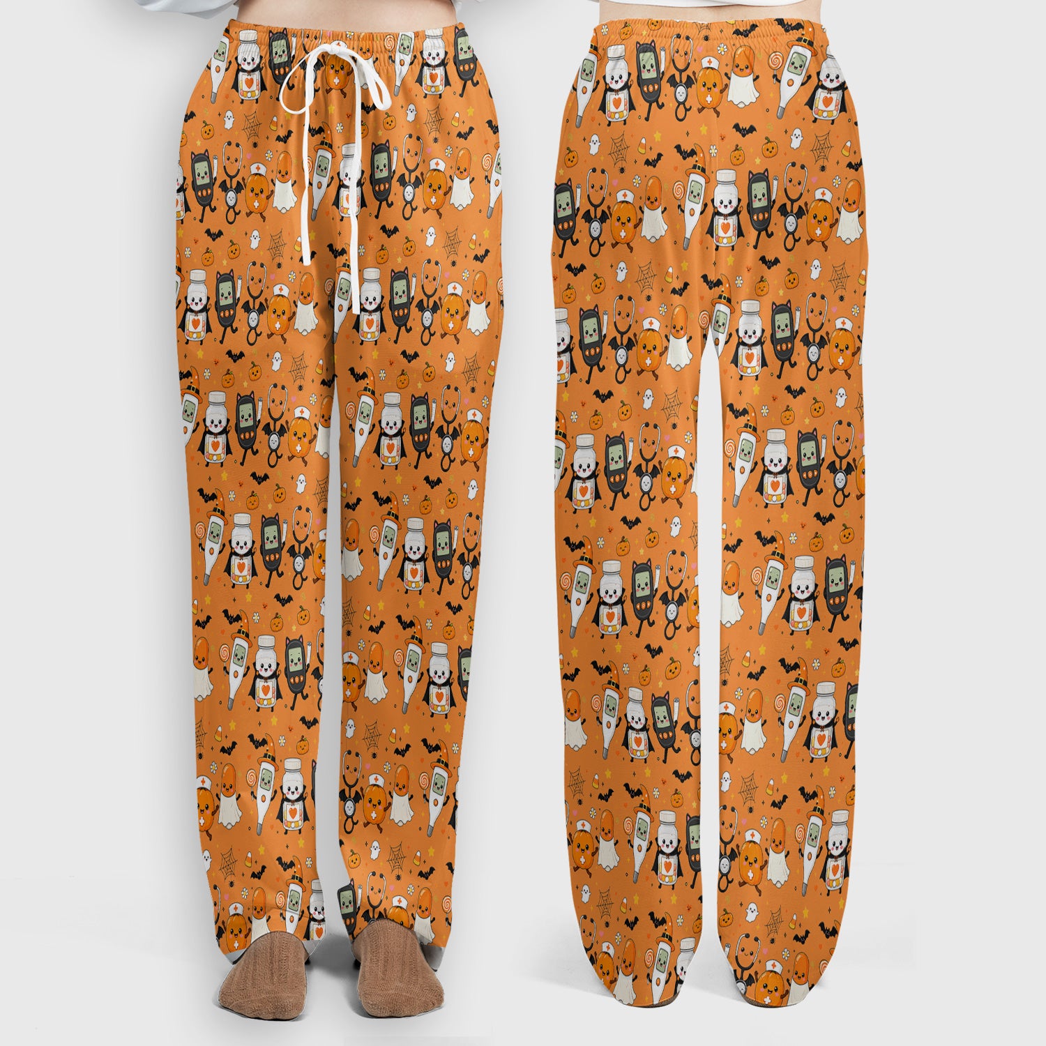 Cute Halloween Medical Characters Print Scrub Set, Scrub Pants and V Neck Top