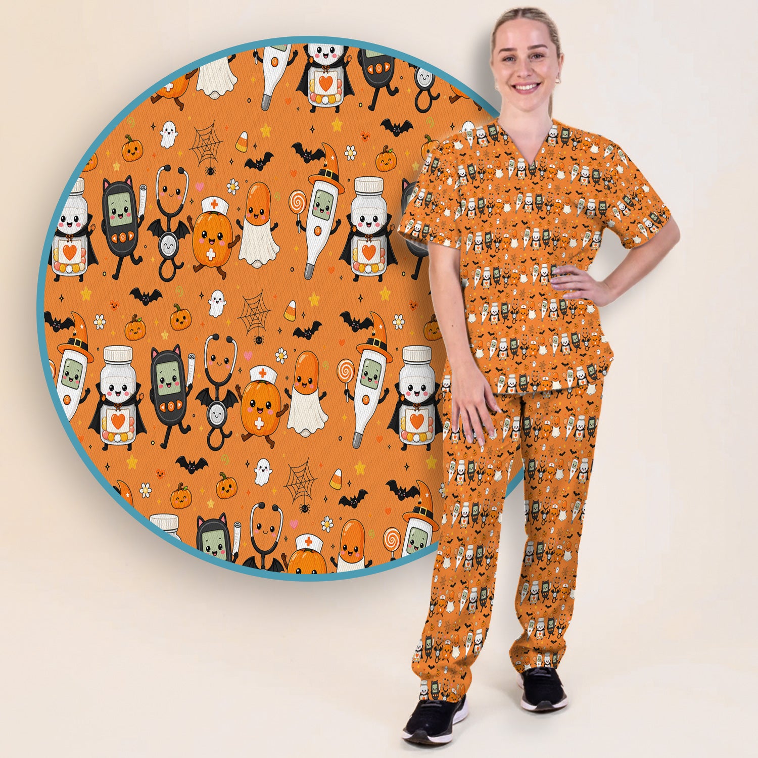 Cute Halloween Medical Characters Print Scrub Set, Scrub Pants and V Neck Top