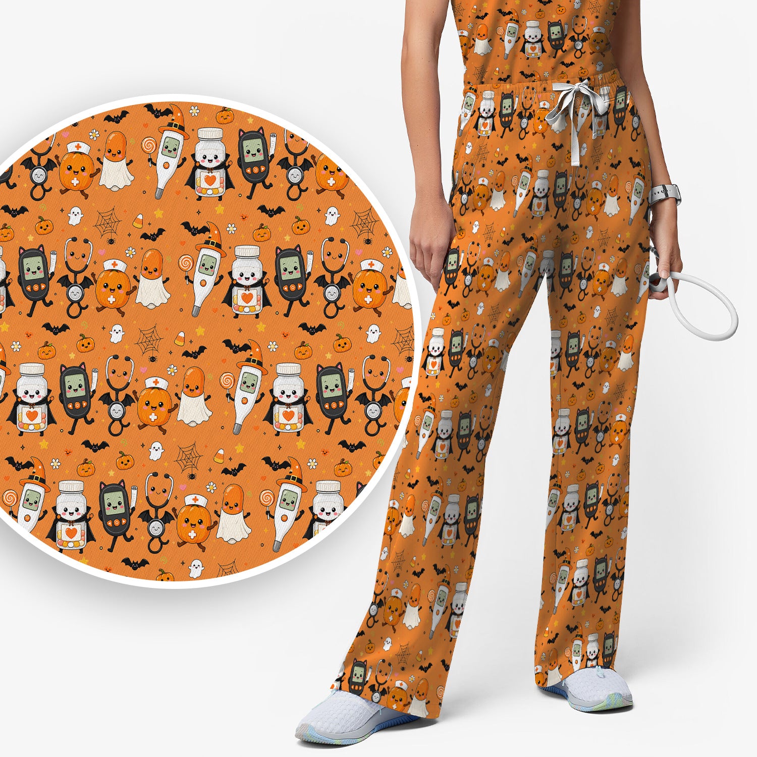 Cute Halloween Medical Characters Print Scrub Set, Scrub Pants and V Neck Top